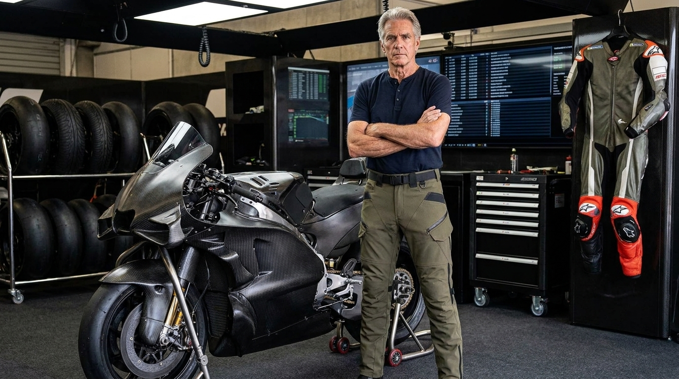 John Barrett, retired MotoGP race engineer, in the pit box next to a MotoGP race bike