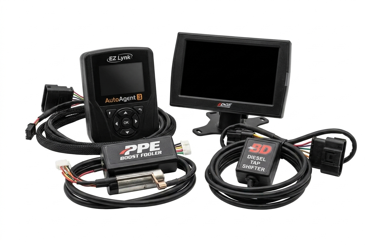 EZ Lynk AutoAgent, Edge monitor, PPE Boost Fooler, and BD Diesel Tap Shifter