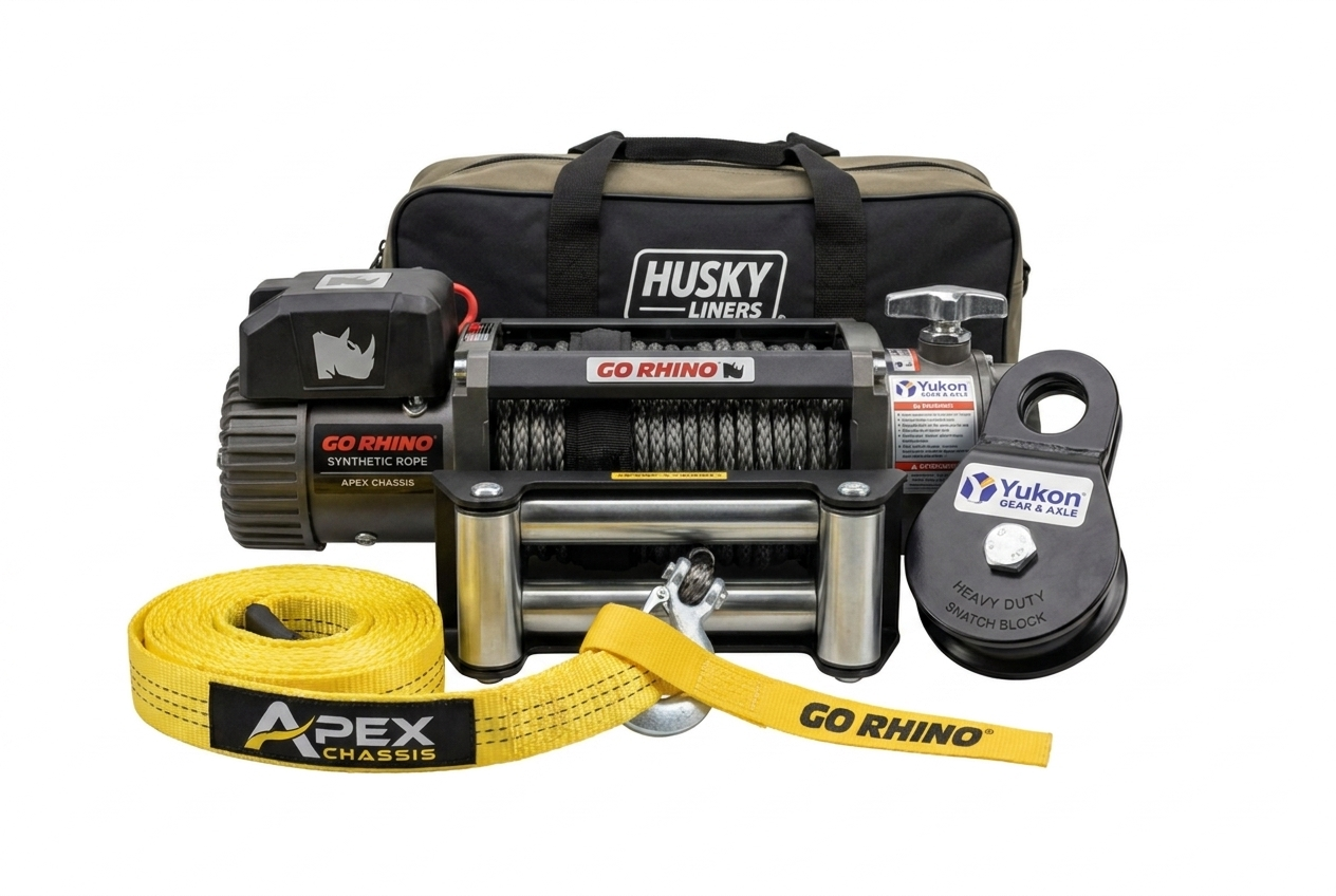 Go Rhino winch, recovery bag, snatch block, and recovery strap