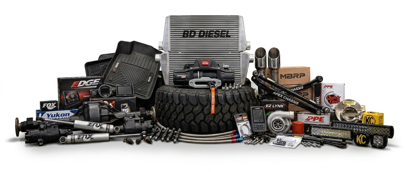 Collection of diesel truck performance parts and accessories