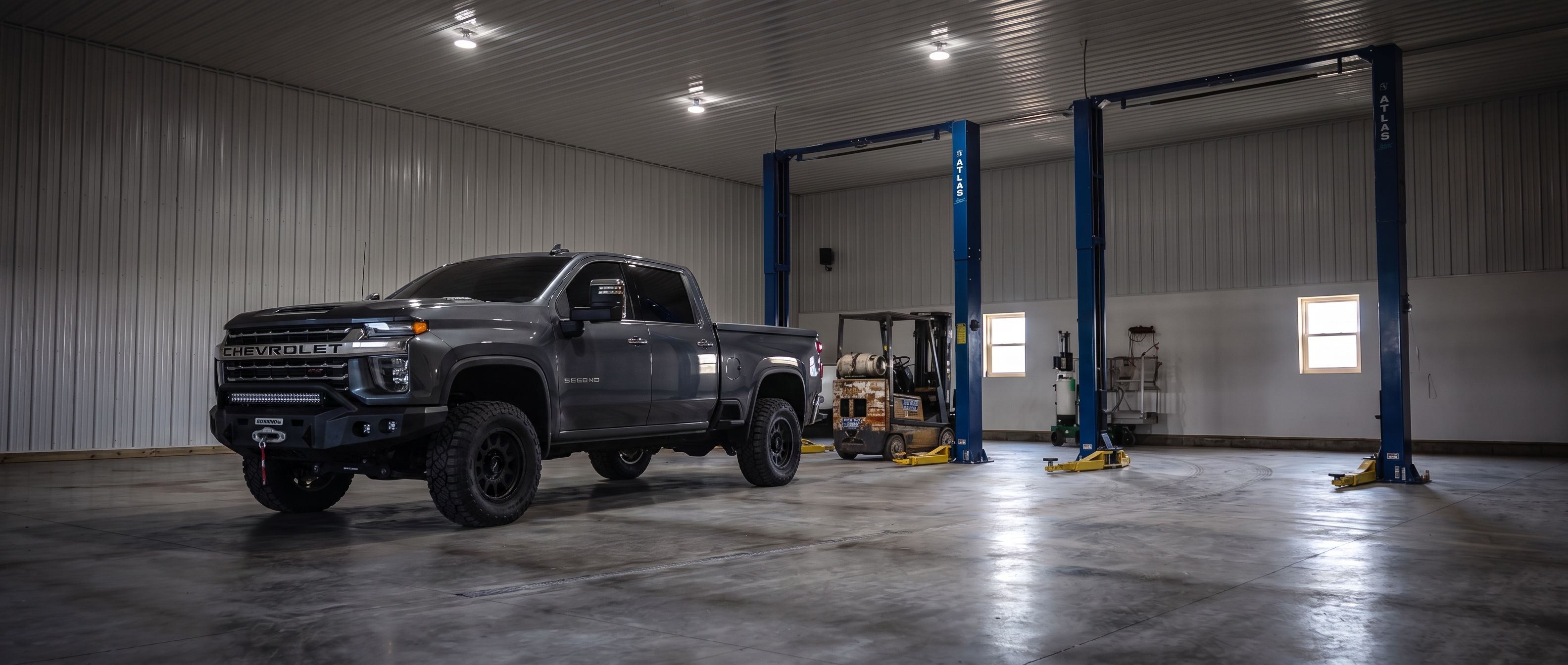 Stock truck in garage