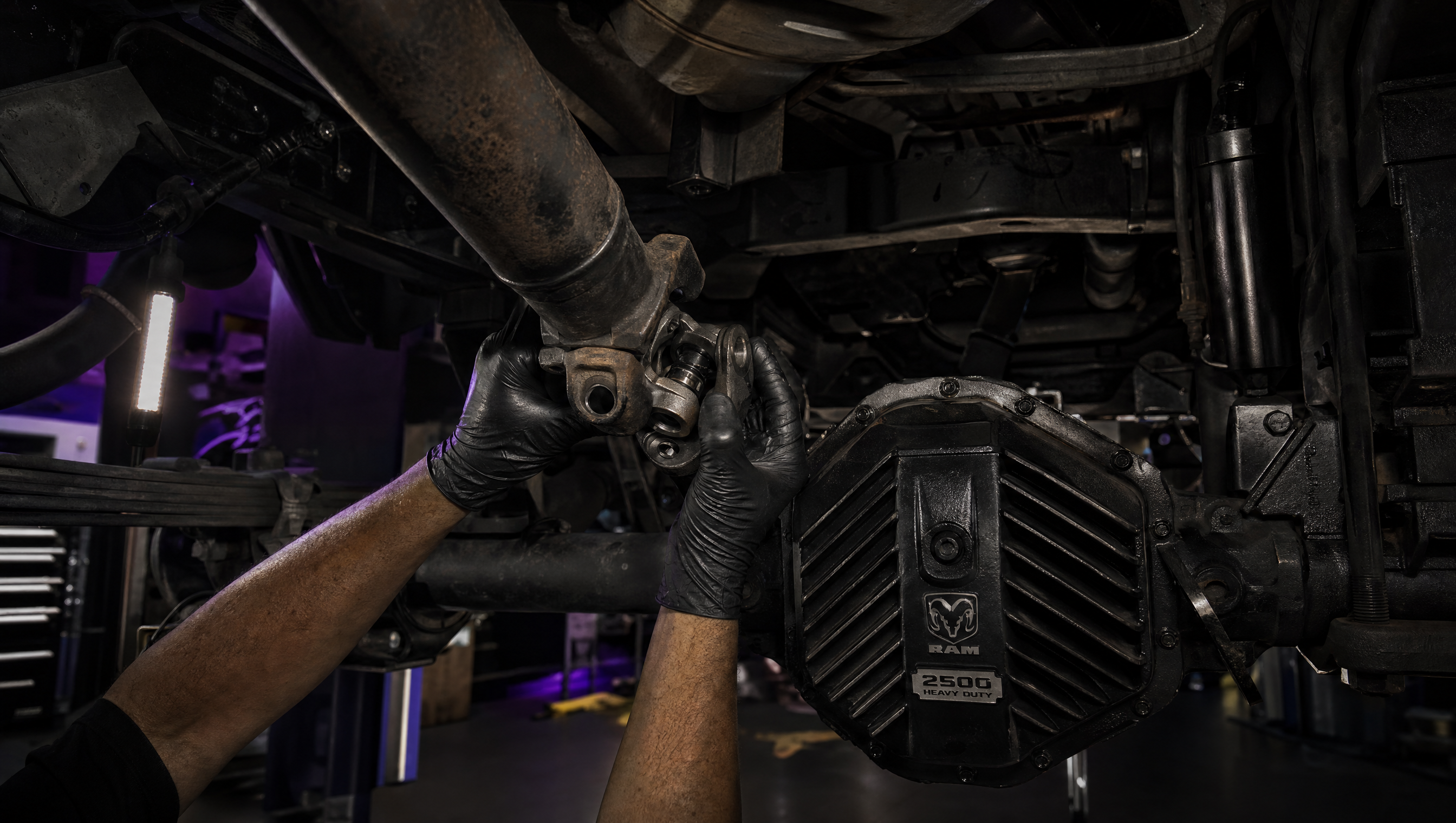 Mechanic installing u-joint on a Dodge Ram 2500 driveshaft underneath truck on lift at Affliction Diesel