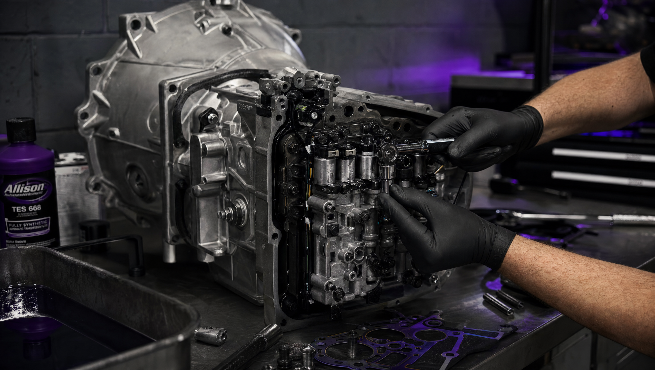 Mechanic installing shift solenoid on an Allison transmission in Affliction Diesel shop