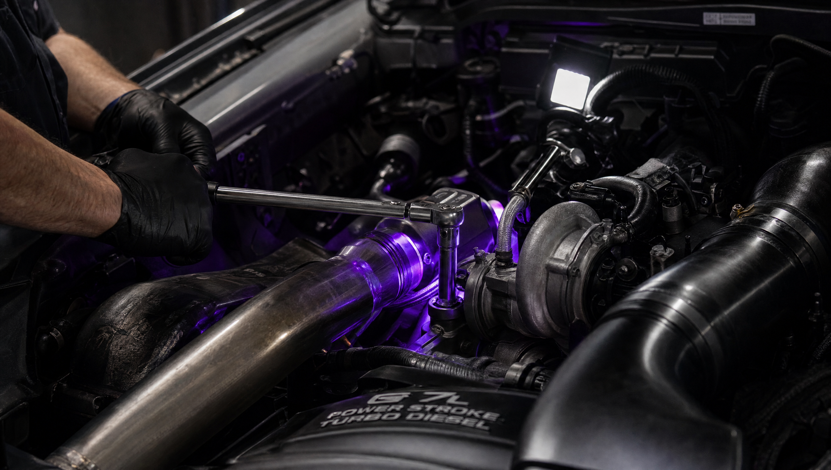 Mechanic tightening turbocharger bolt on a 6.7L Powerstroke engine at Affliction Diesel shop