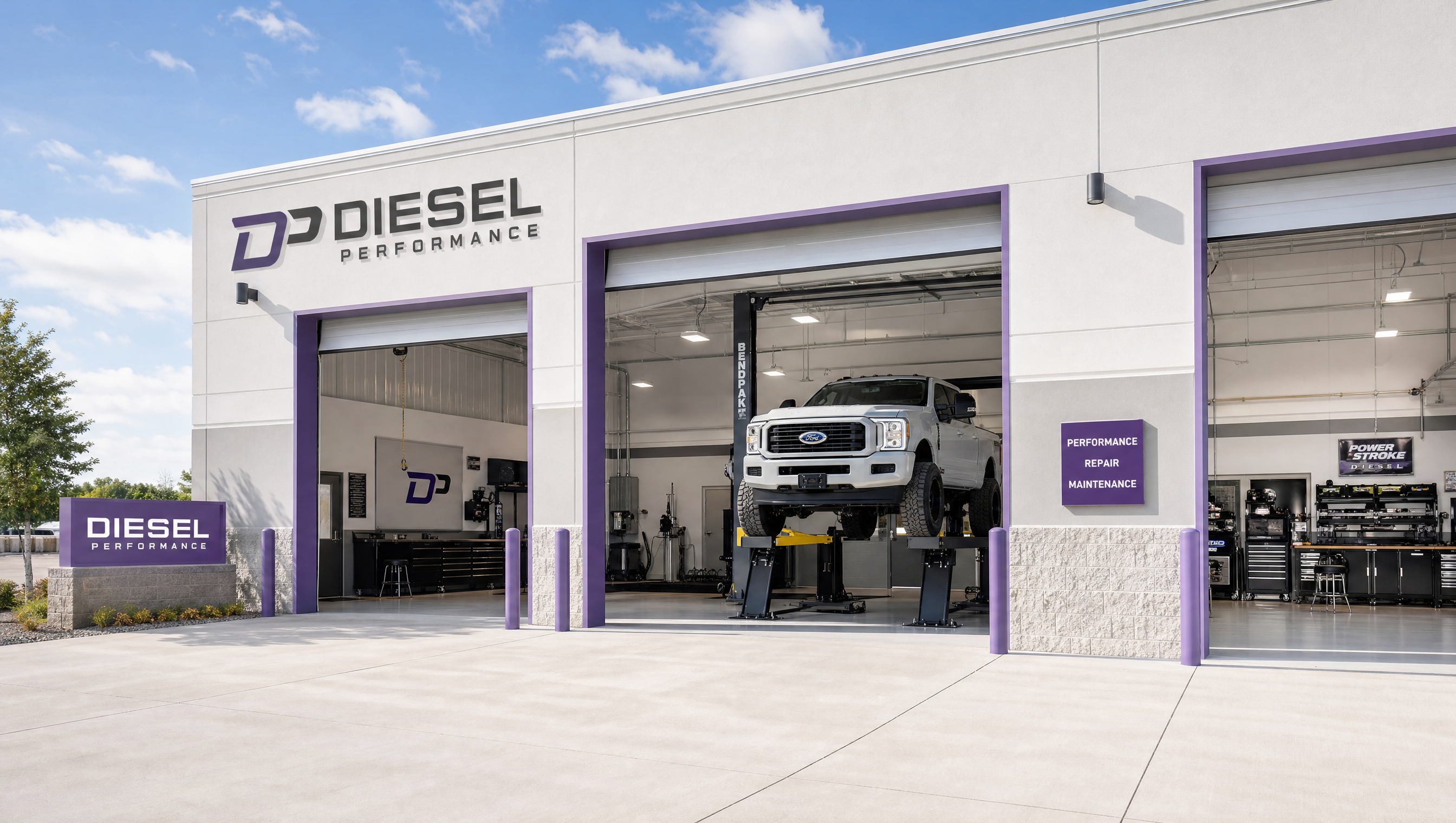Affliction Diesel shop exterior with open bay doors on a sunny day