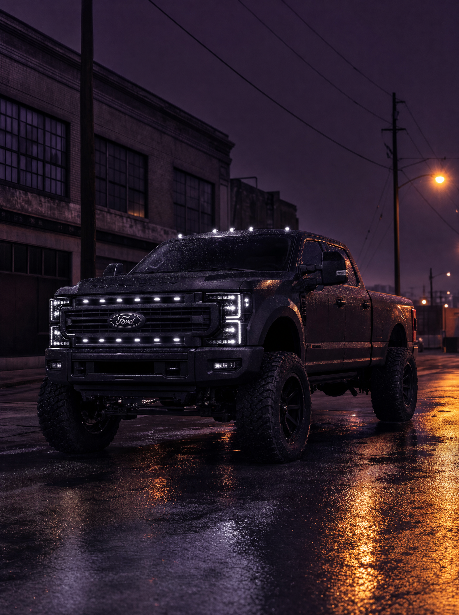 Modified Ford F-250 Super Duty on a wet urban street at dusk