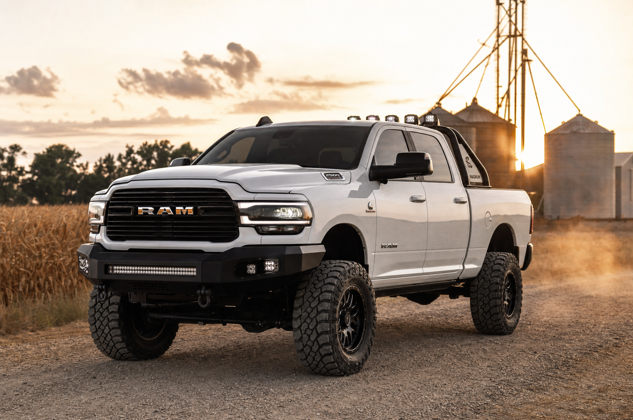 Modified white Dodge Ram 2500 Cummins with lift kit on a rural farm road at sunset