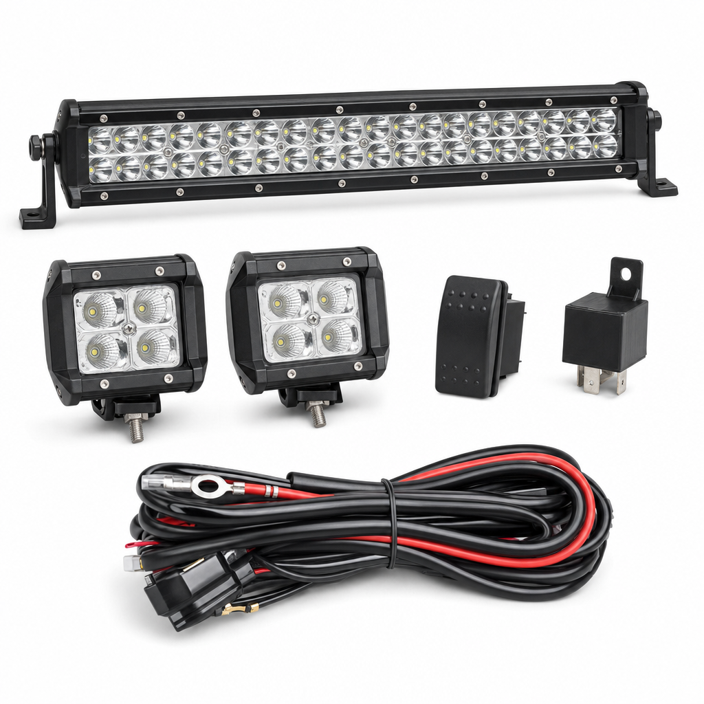 Complete LED light kit with bar, pods, switch and harness