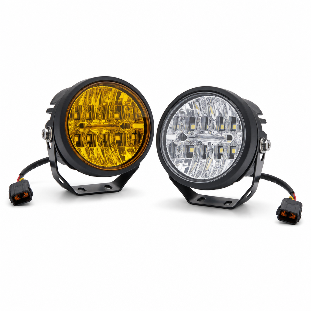Round LED fog lights with brackets on white background