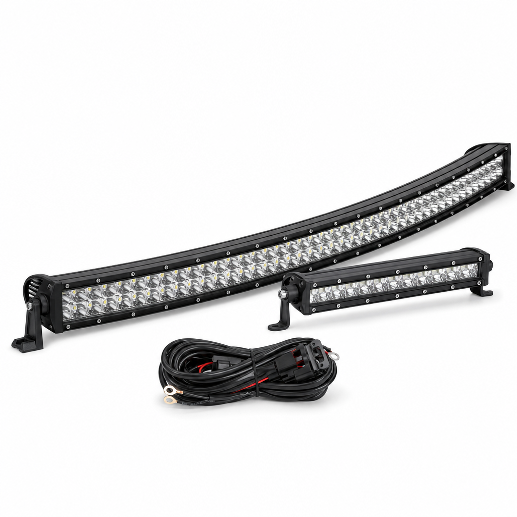 LED light bars with wiring harness on white background