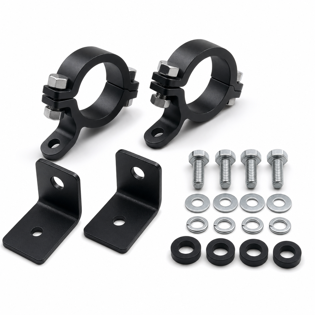 Driving light tube clamps and L-brackets with hardware