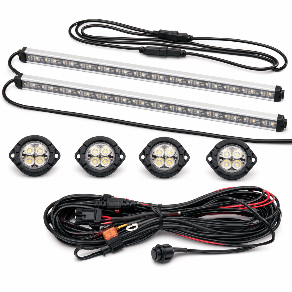 Truck bed cargo LED strip and rock light kit on white background