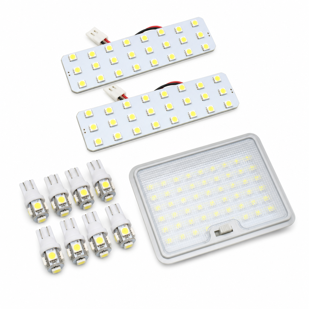 LED interior dome light panels and bulbs on white background