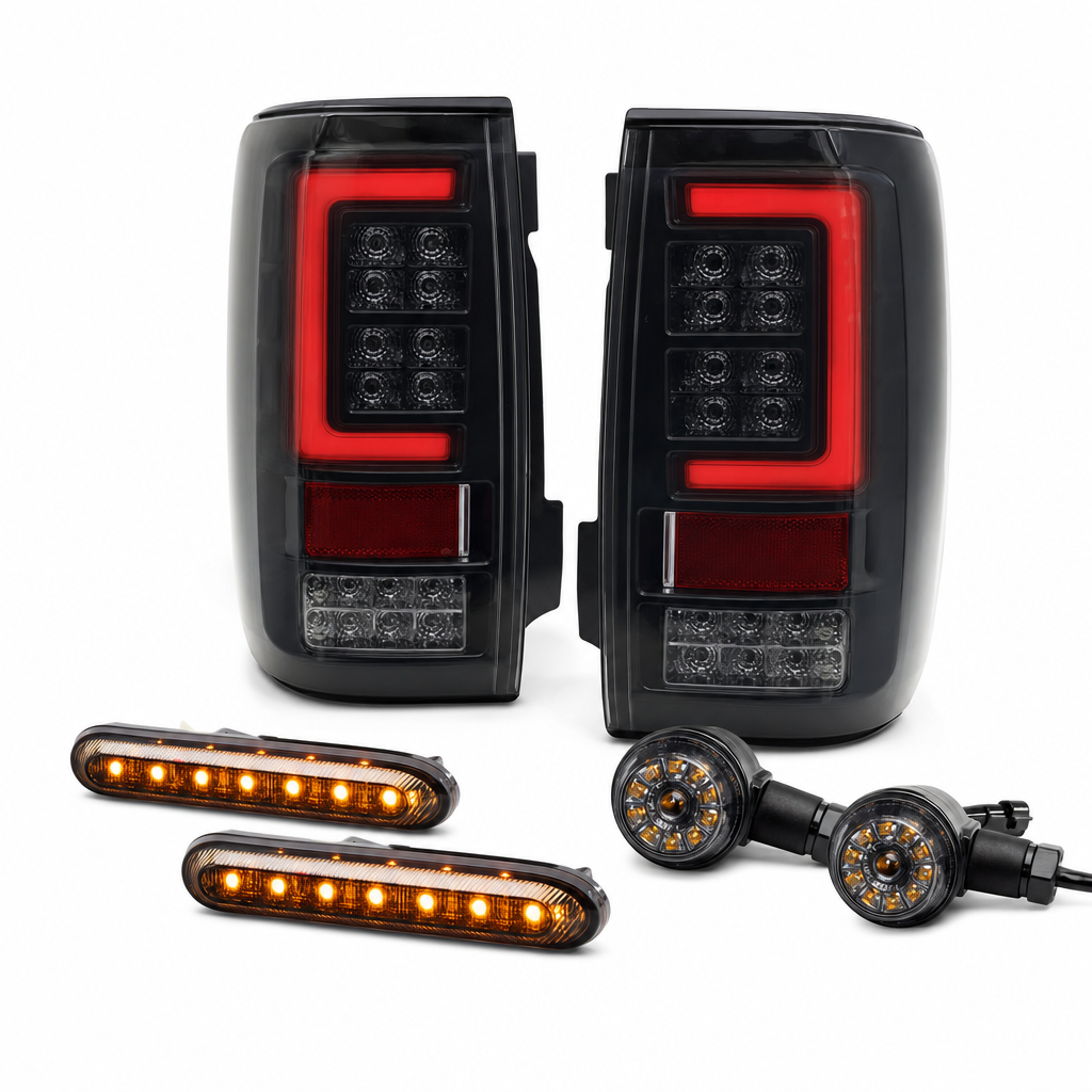 LED tail lights, side markers and turn signals on white background