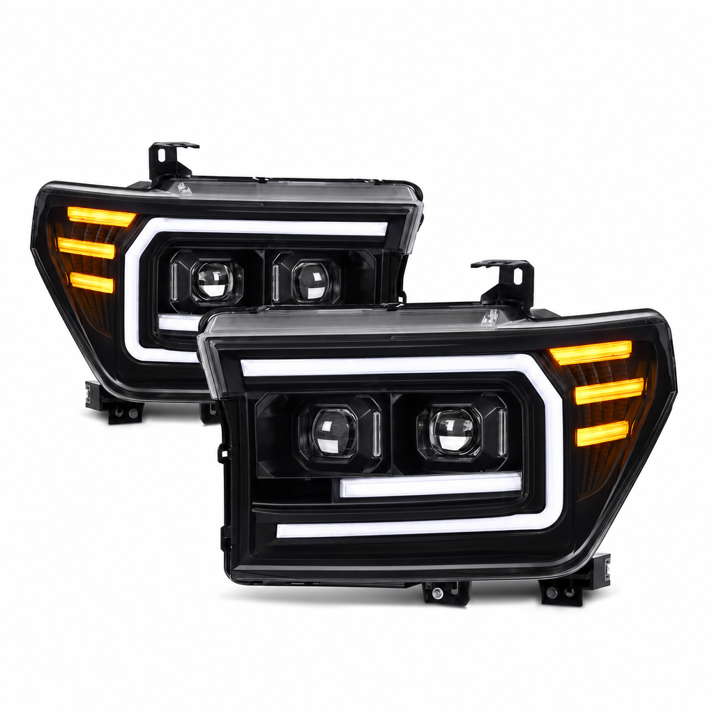LED projector headlight assemblies on white background