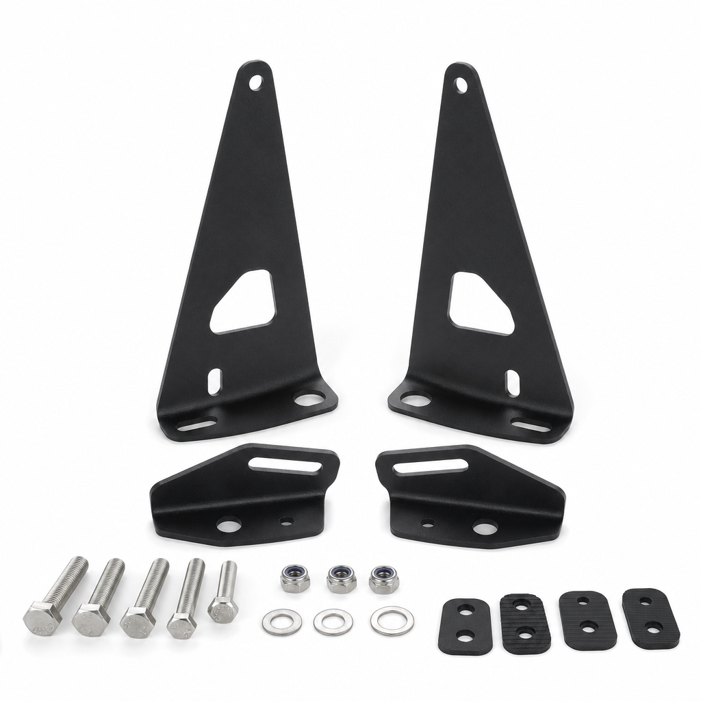 Light bar mounting brackets and hardware on white background