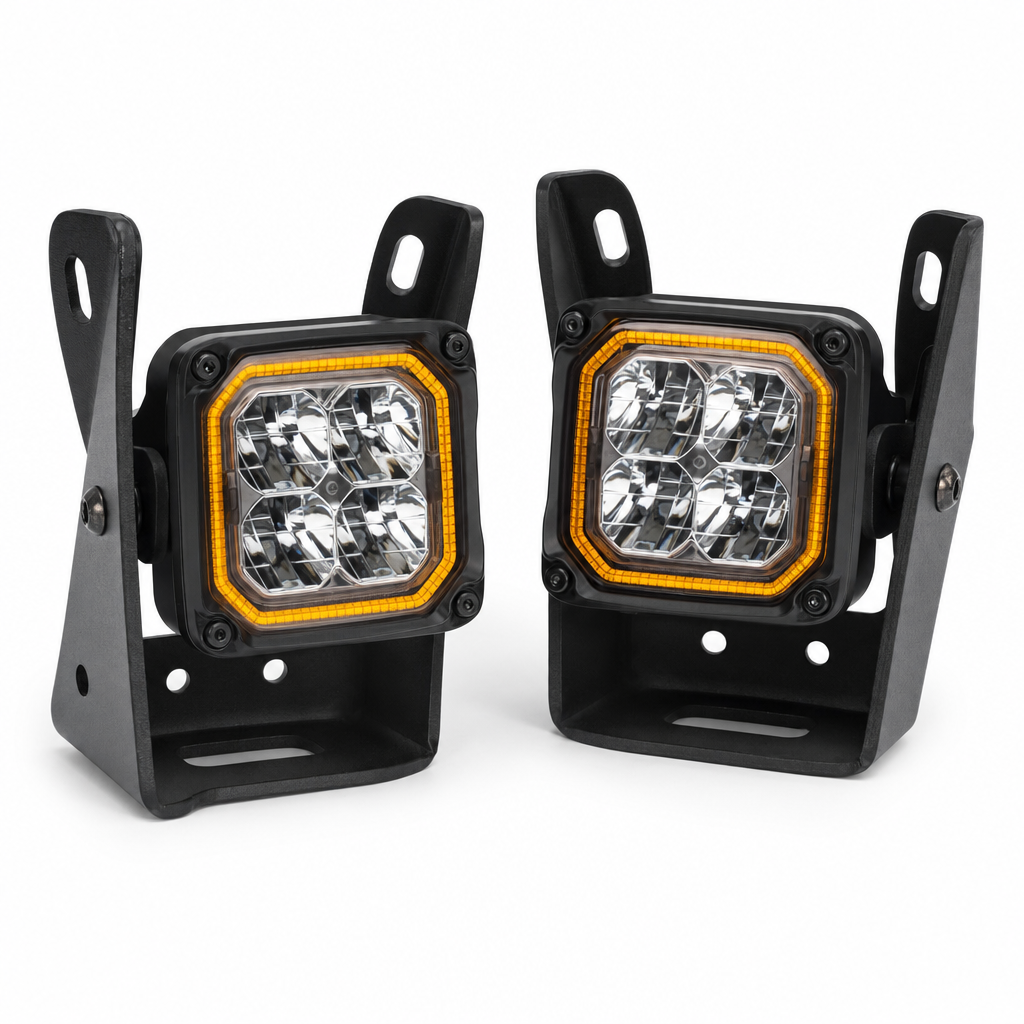 Bumper-mounted LED fog pocket lights with amber backlight