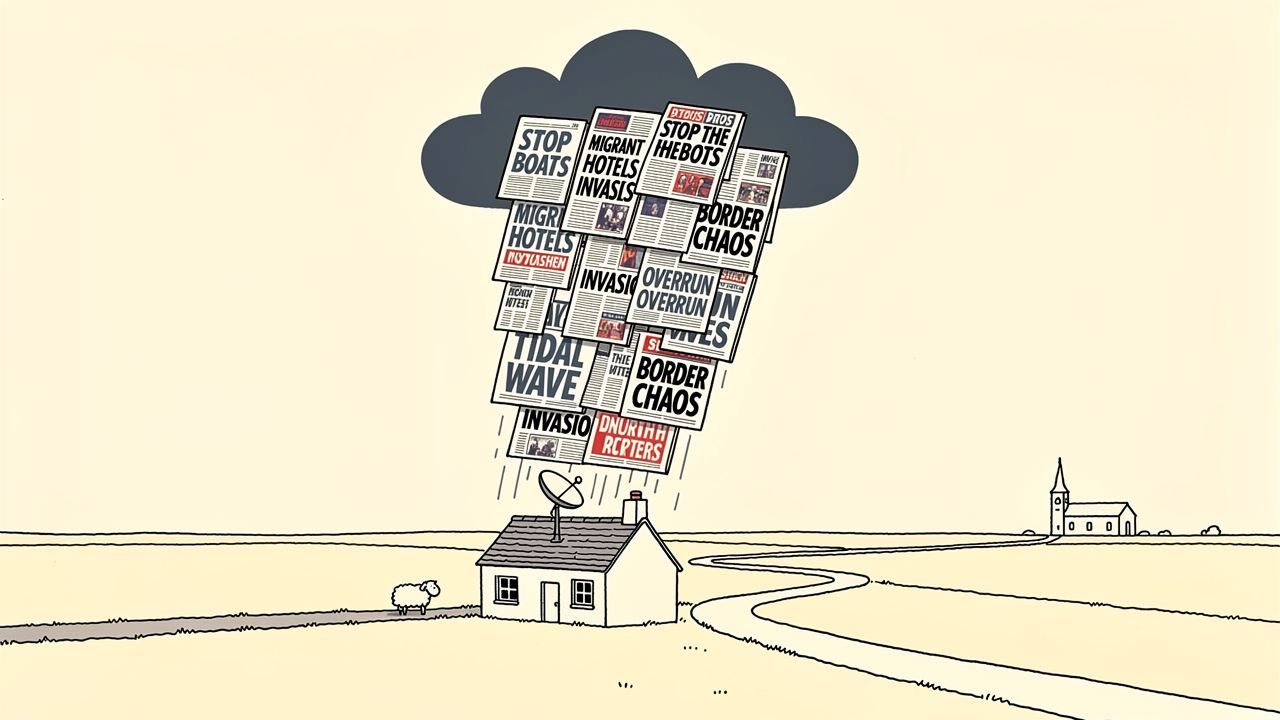 Tiny Norfolk cottage with a satellite dish on its roof. A storm of tabloid headlines rains down on the dish. Around the cottage: empty fields.