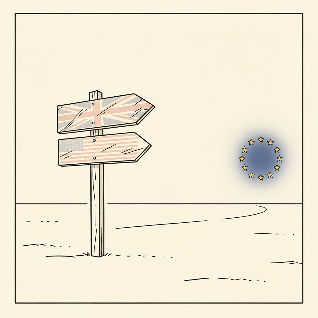 Two signpost arrows — one Union Jack, one Stars and Stripes — both pointing toward a ring of EU golden stars on the horizon