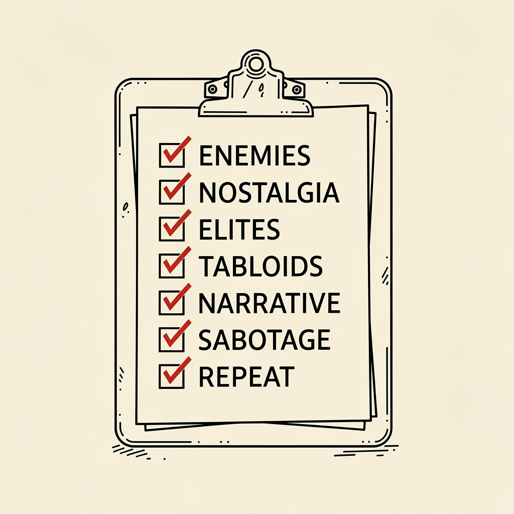 A clipboard with seven ticked checkboxes labelled Enemies, Nostalgia, Elites, Tabloids, Narrative, Sabotage, Repeat