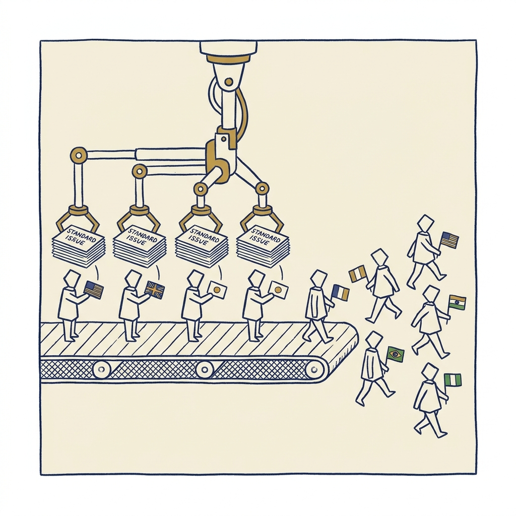 Seven identical figures collecting identical talking points at a conveyor belt