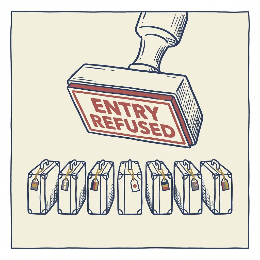 Seven suitcases with a large Entry Refused stamp descending