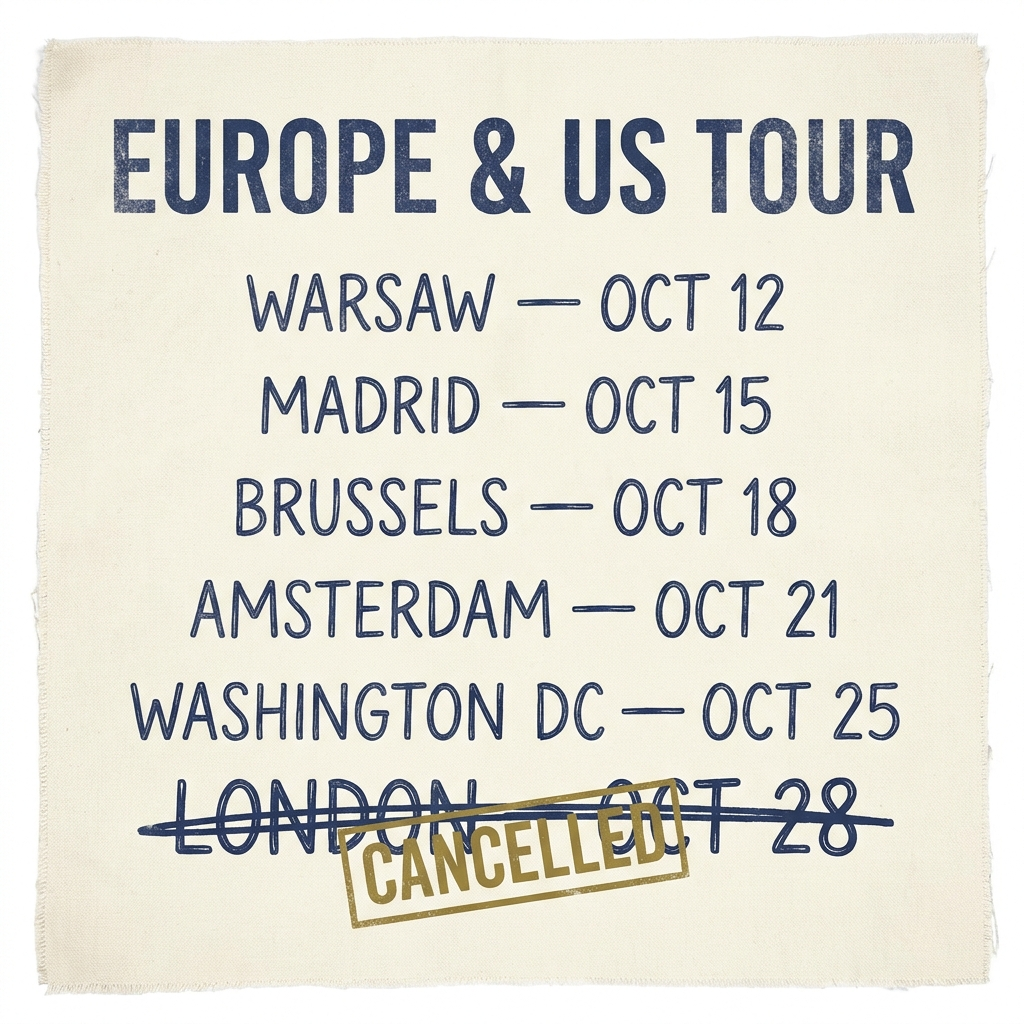 World tour dates with London crossed out and CANCELLED stamped across it