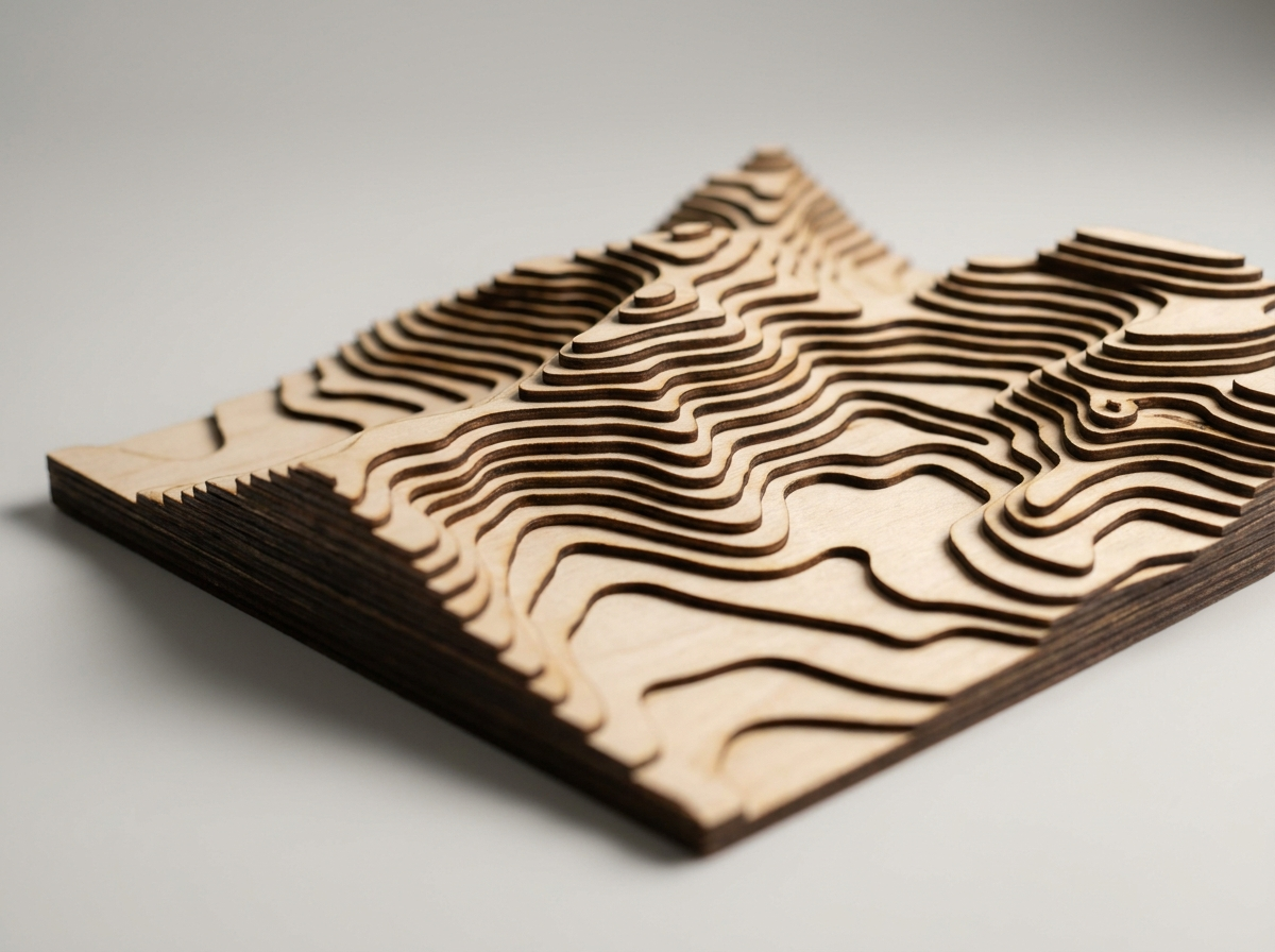 Maqueta topográfica cortada en láser, capas de madera apiladas