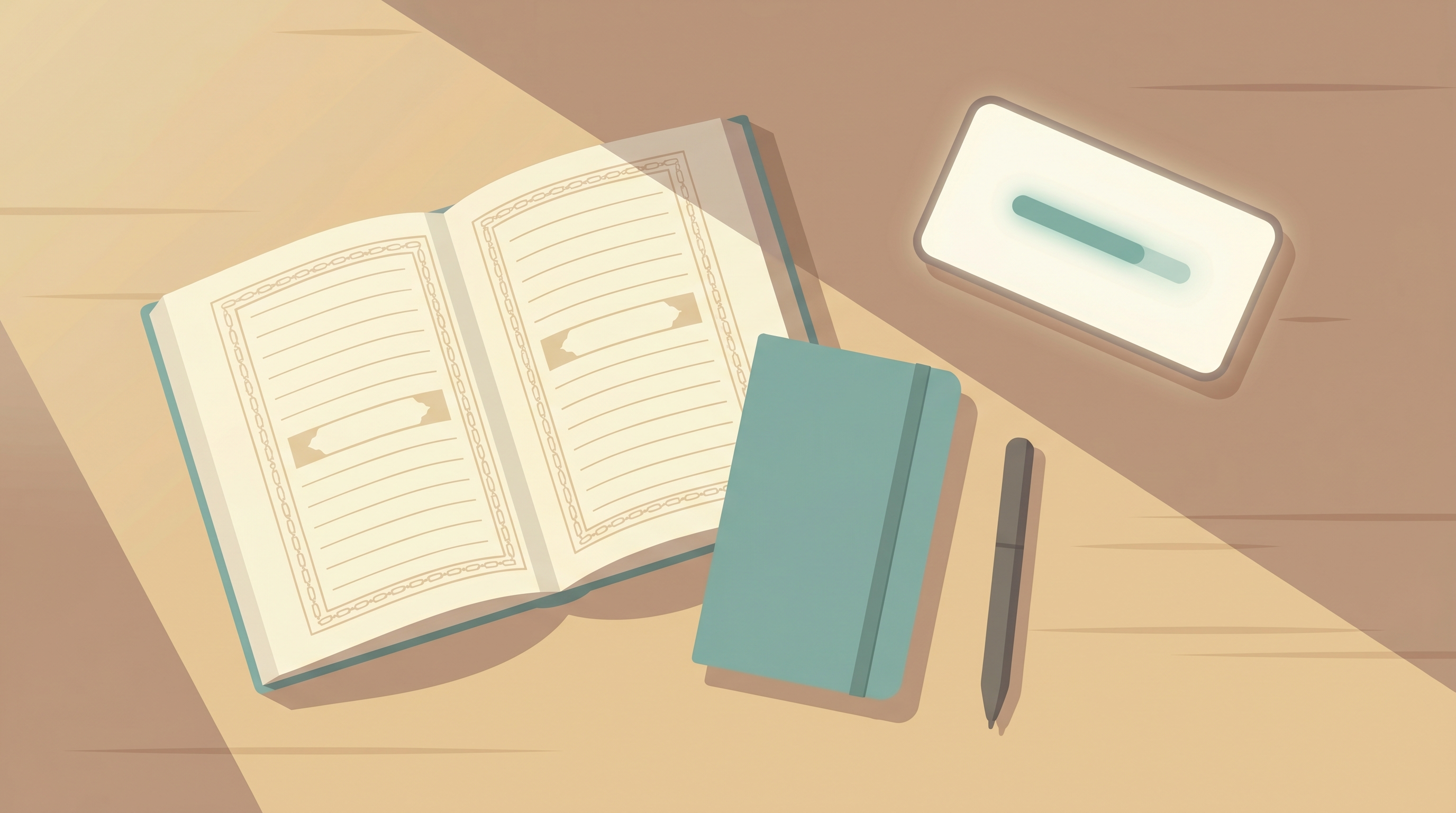 Overhead illustration of an open Qur'an on a wooden desk next to a notebook and a smartphone showing a progress bar, in warm morning light.