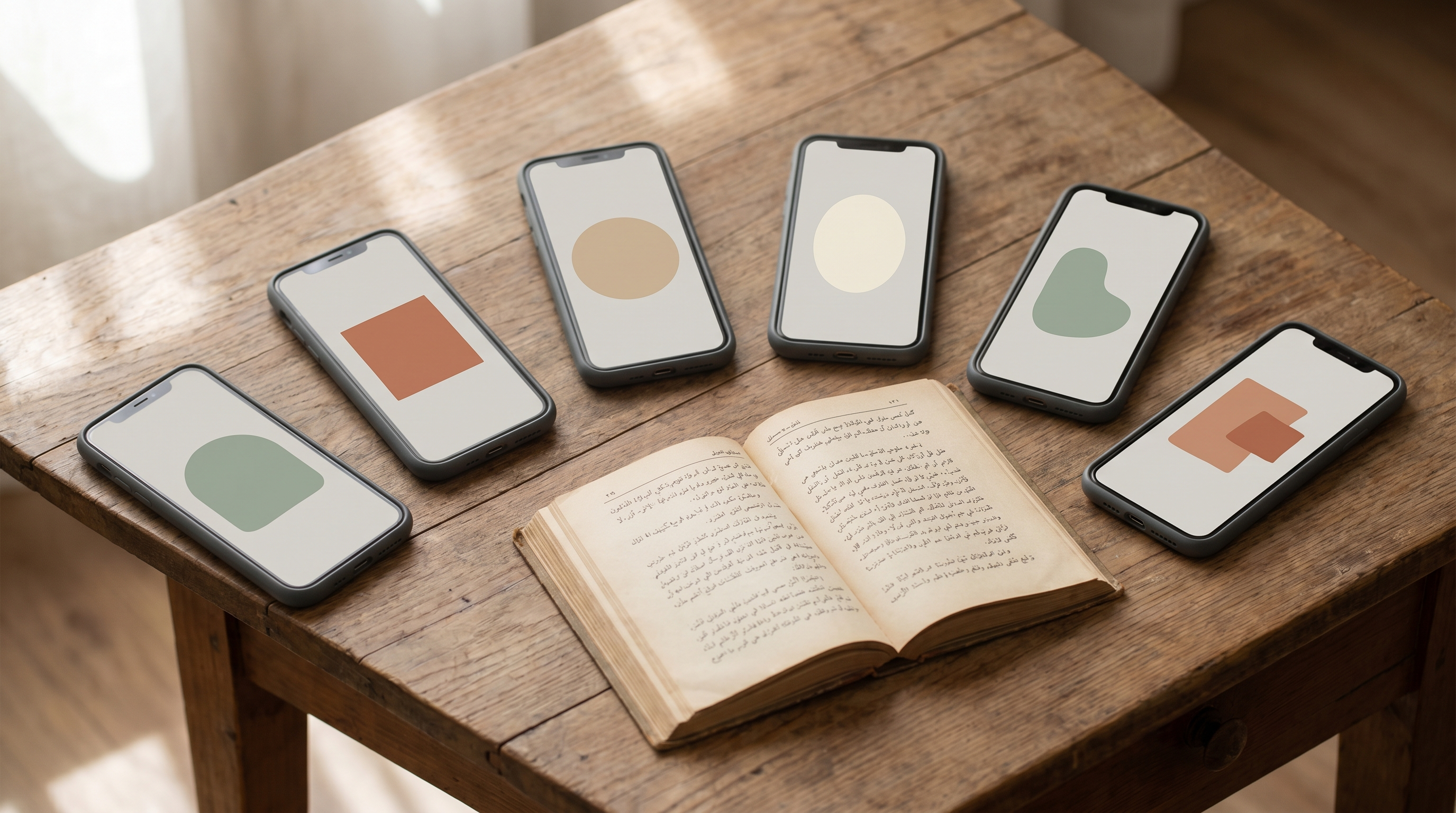 Six smartphones arranged around an open Qur'an on a wooden desk, representing the best Quran memorization apps compared in 2026.