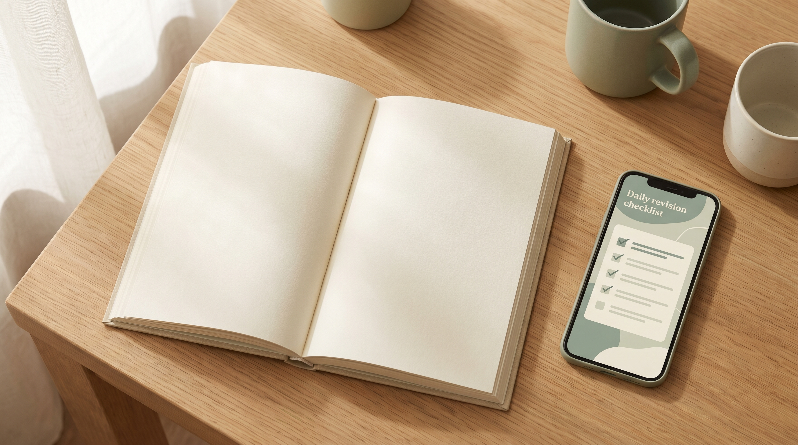 Open Qur'an on a wooden desk next to a smartphone displaying a daily revision checklist, soft morning light, sage and cream tones