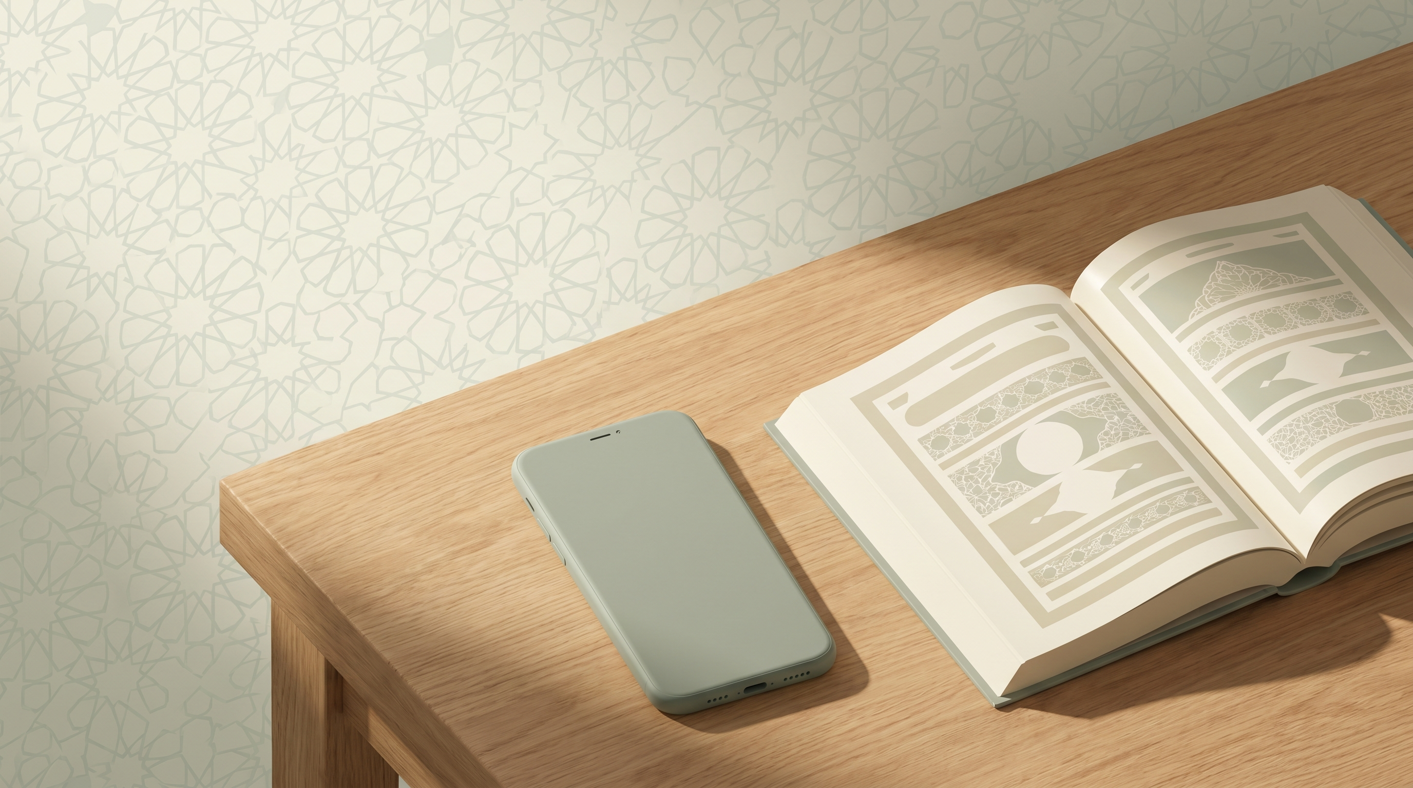 Overhead view of a smartphone beside an open Qur'an on a wooden desk in soft morning light, suggesting a calm daily memorisation routine.