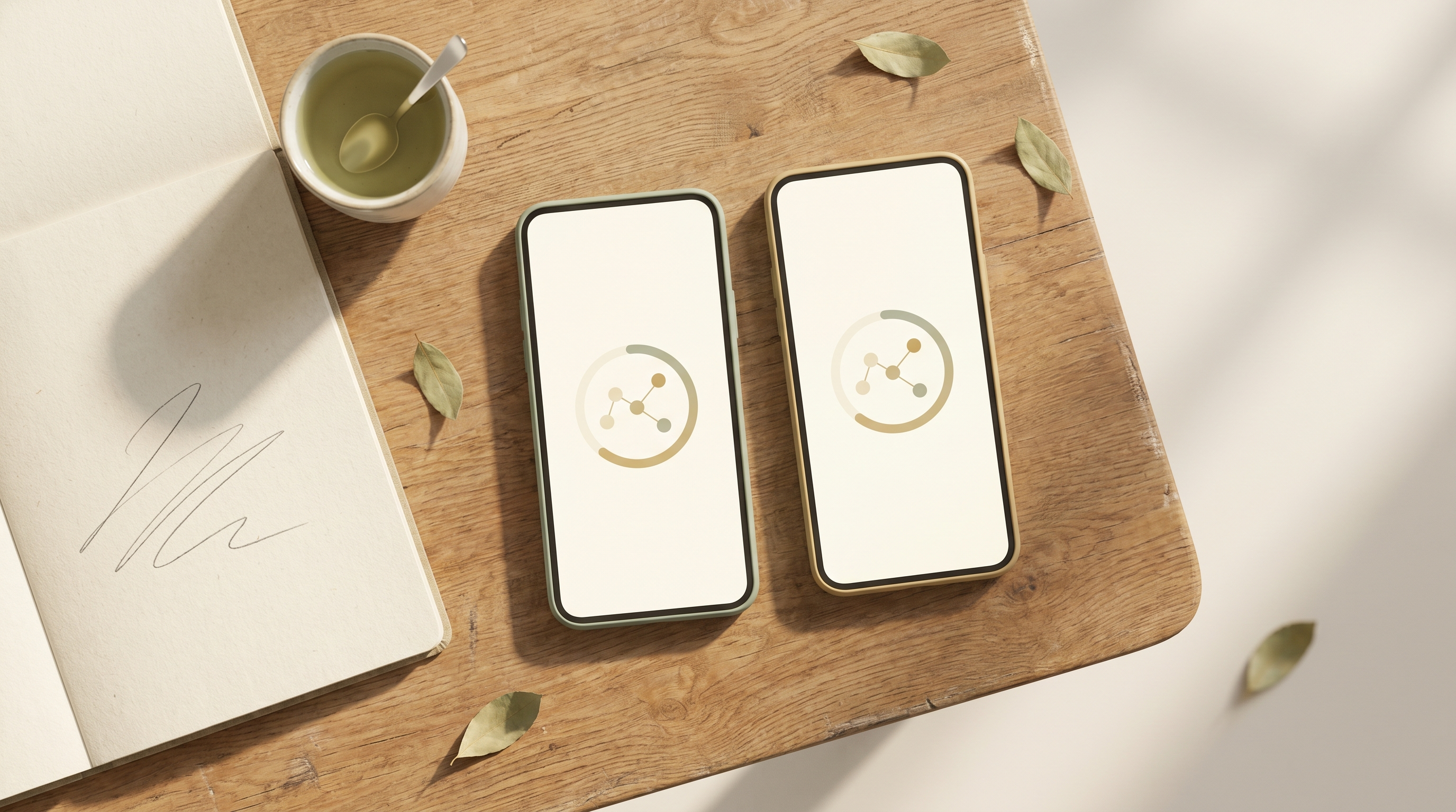 Two smartphones on a wooden desk showing abstract memorization roadmap interfaces, with a notebook and tea, in warm morning light