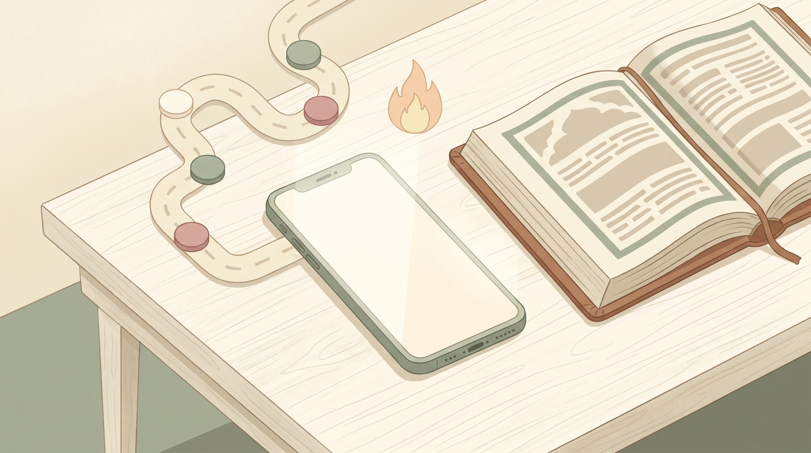 Illustration of a phone next to an open Qur'an with abstract learning-path and streak icons, representing Duolingo-style Qur'an memorization apps