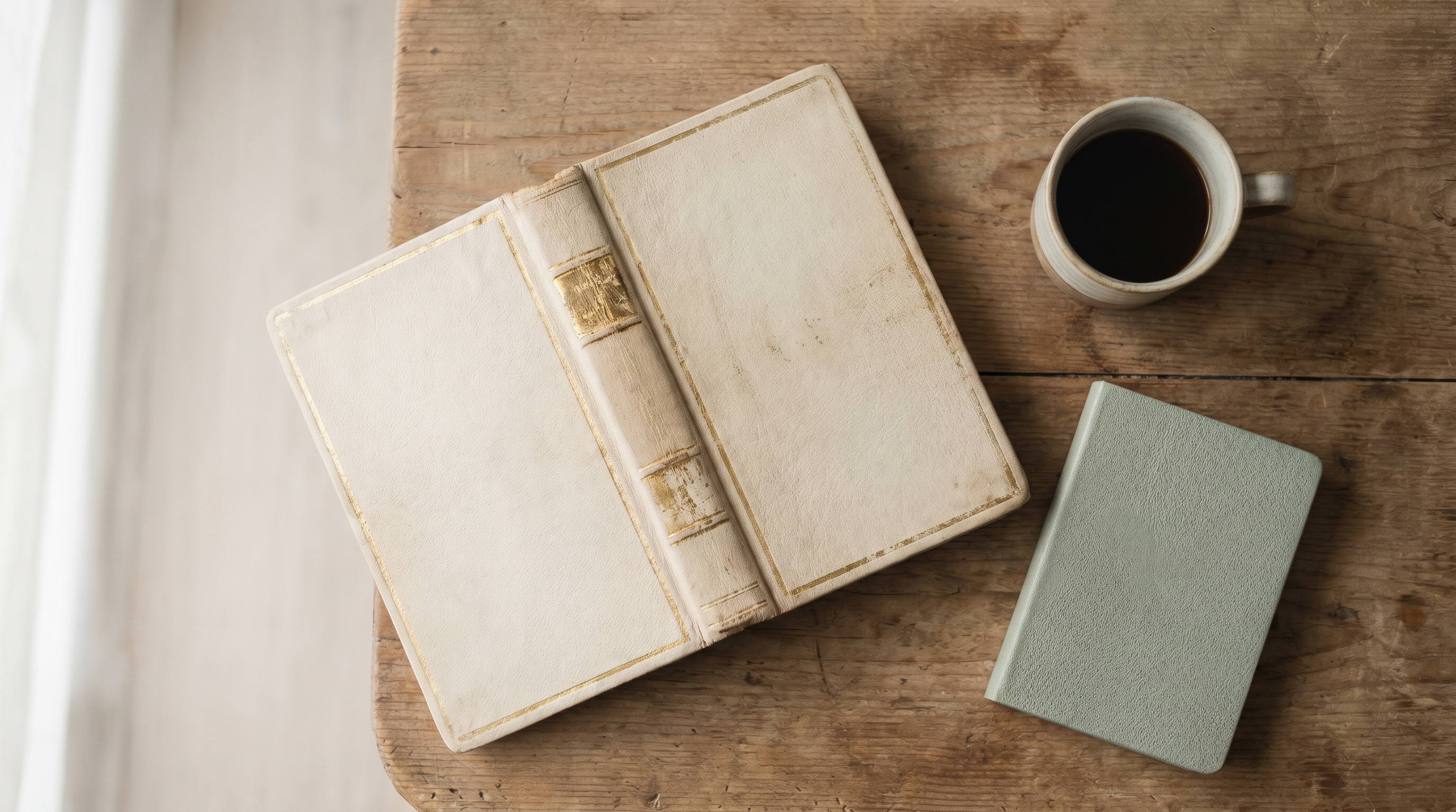 An open Qur'an on a wooden table next to a small notebook in soft morning light.
