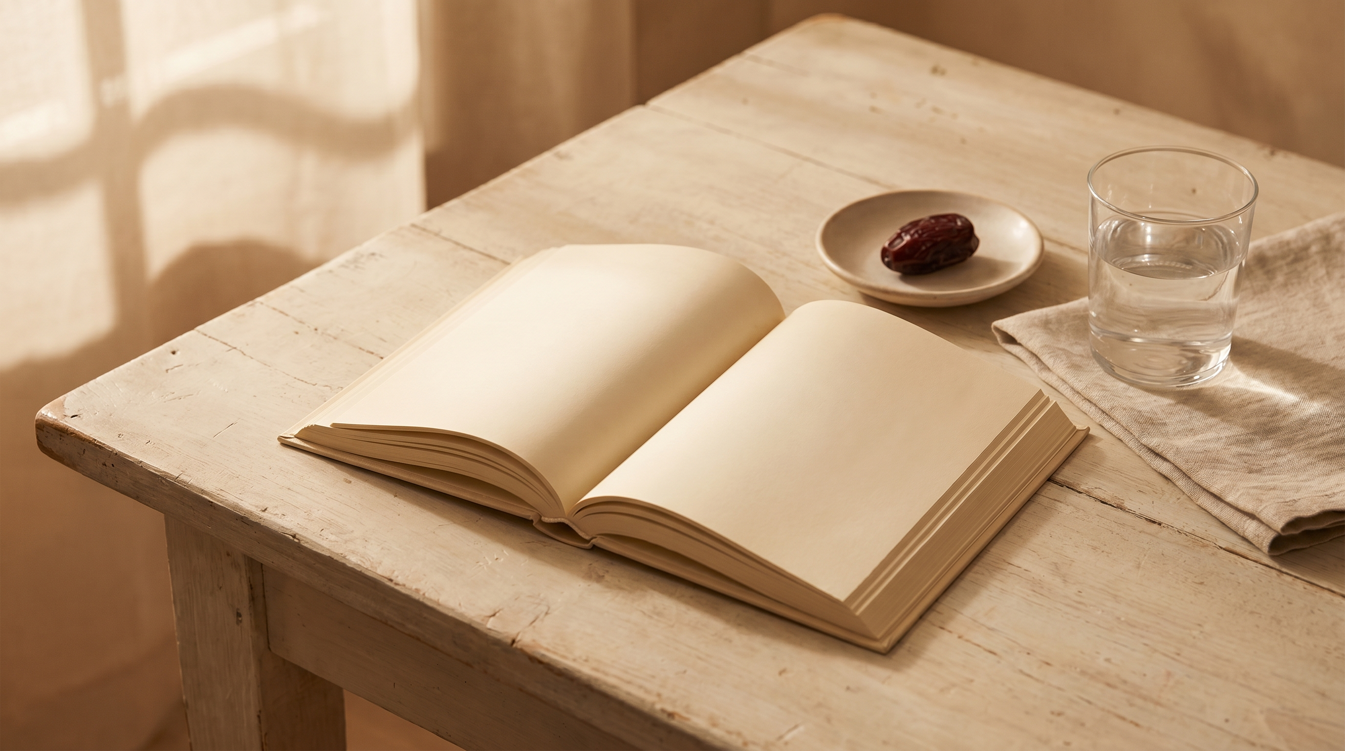 An open Qur'an on a wooden table at dawn with a date and a glass of water, evoking a calm Ramadan study atmosphere.