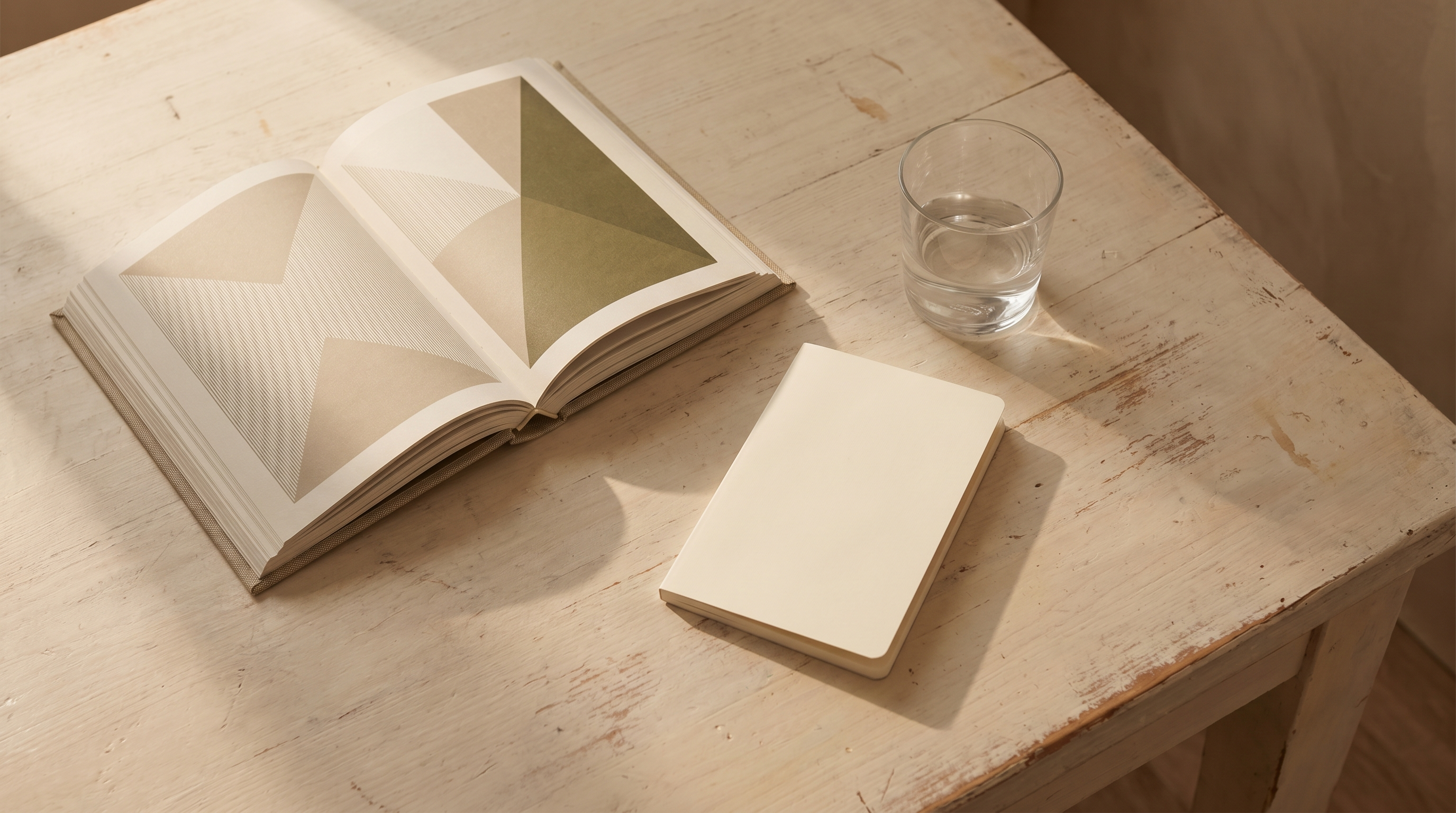 Overhead view of an open Qur'an, notebook and glass of water on a wooden desk in soft morning light, representing a calm daily memorization routine.