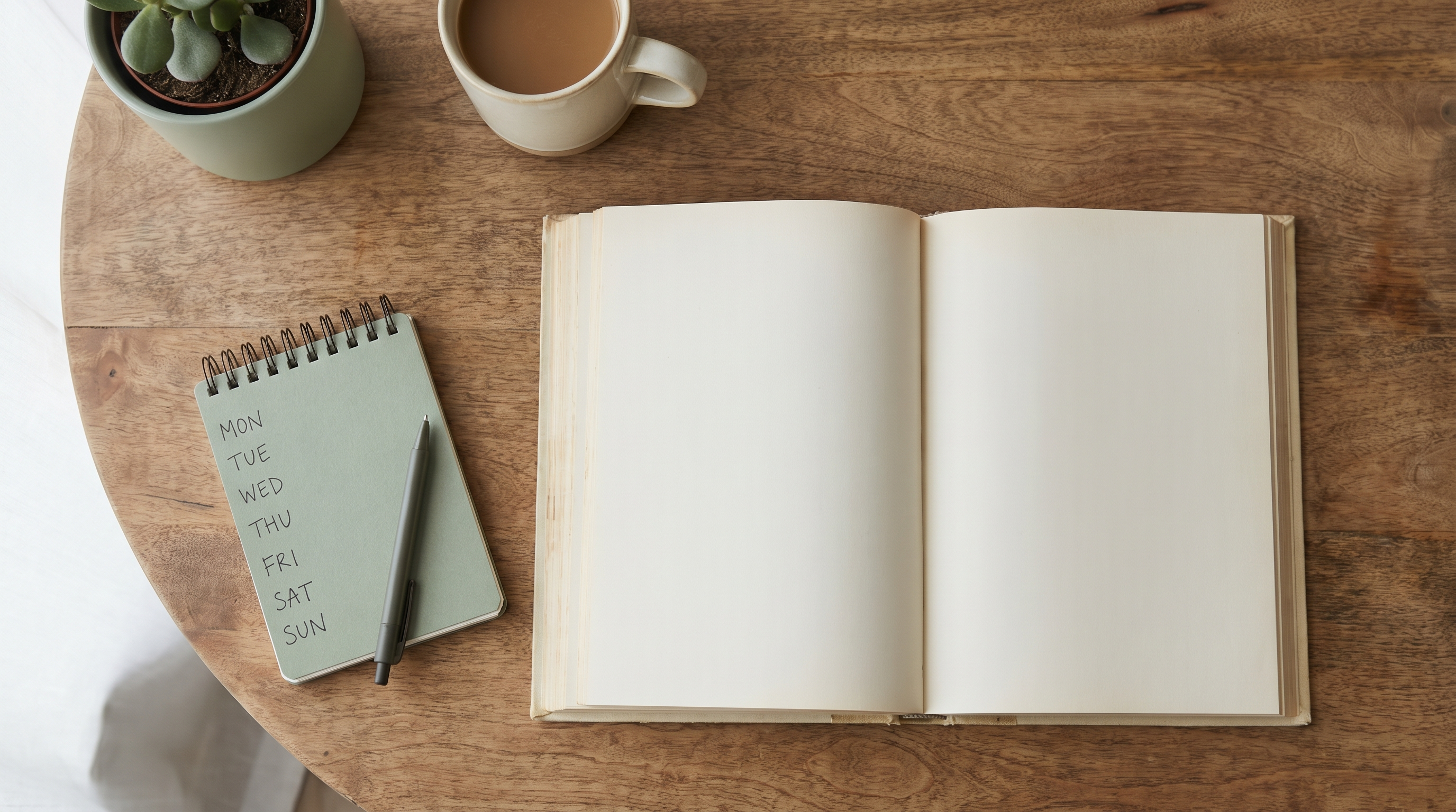 Open Qur'an on a wooden table next to a notebook with a handwritten weekly revision schedule in soft morning light