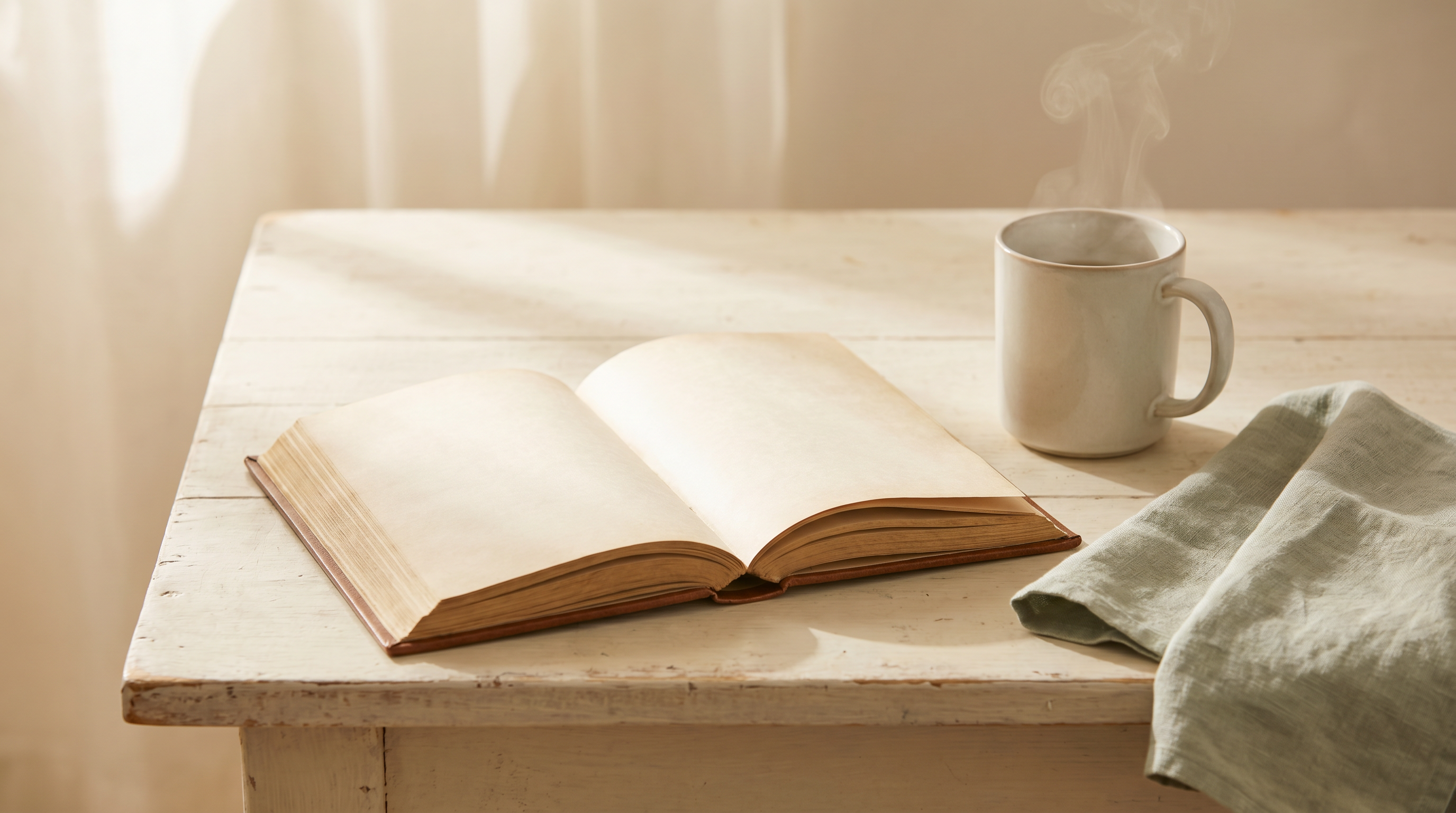 An open Qur'an resting on a wooden kitchen table beside a steaming mug in soft morning light.