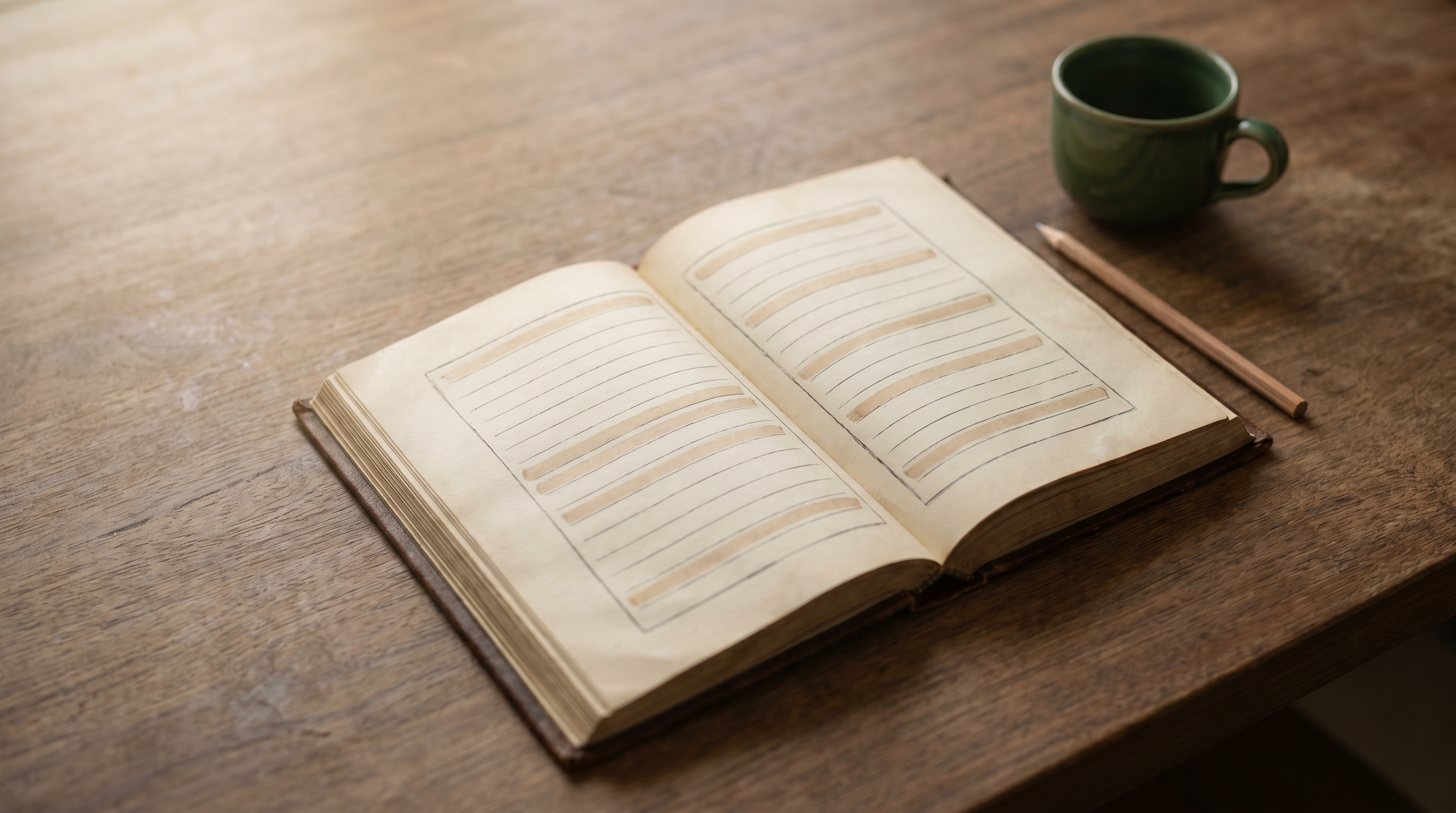 Overhead view of an open Mushaf on a wooden desk with soft morning light, suggesting careful comparison of parallel verses.