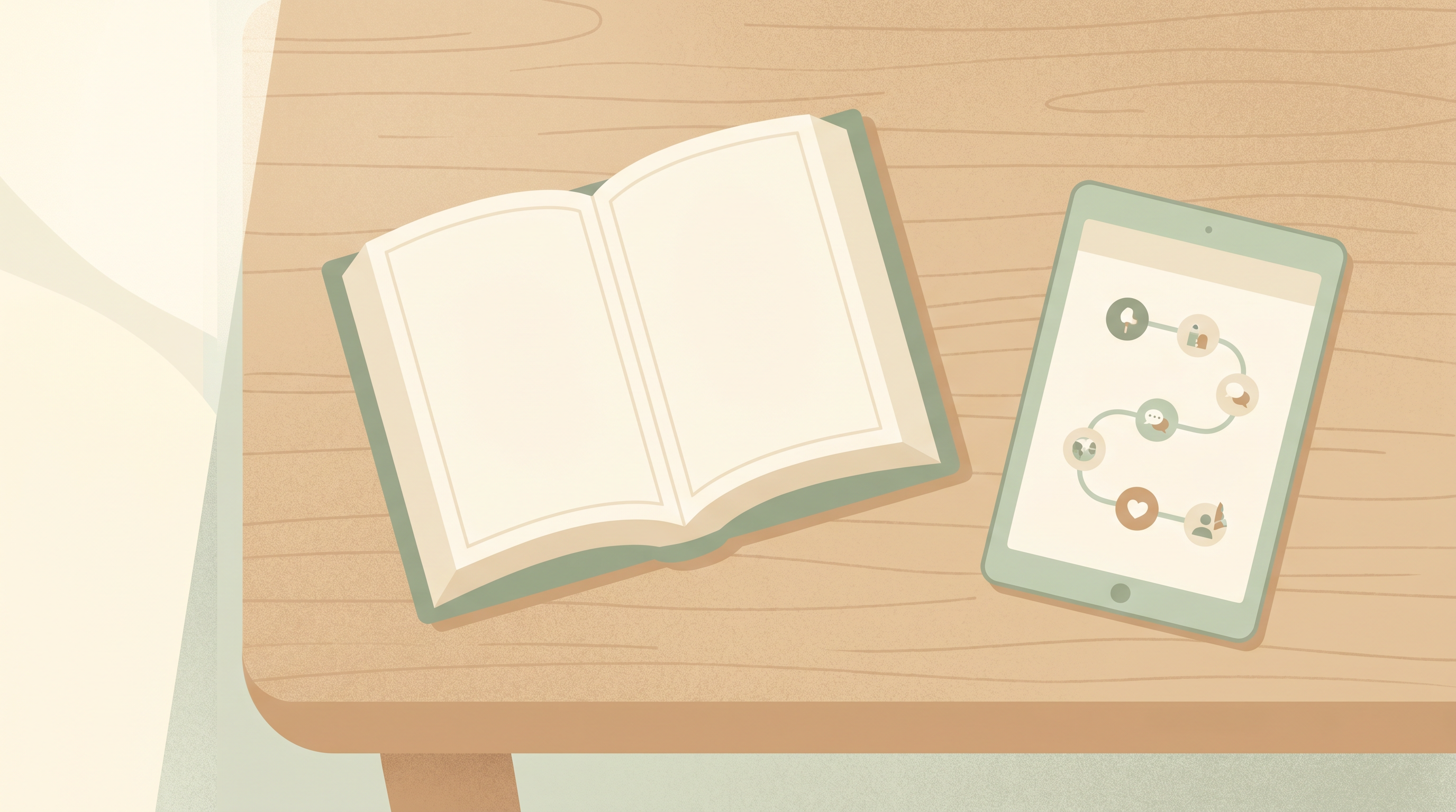 Illustration of an open Qur'an on a wooden table next to a tablet showing a memorization learning path, in warm morning light.