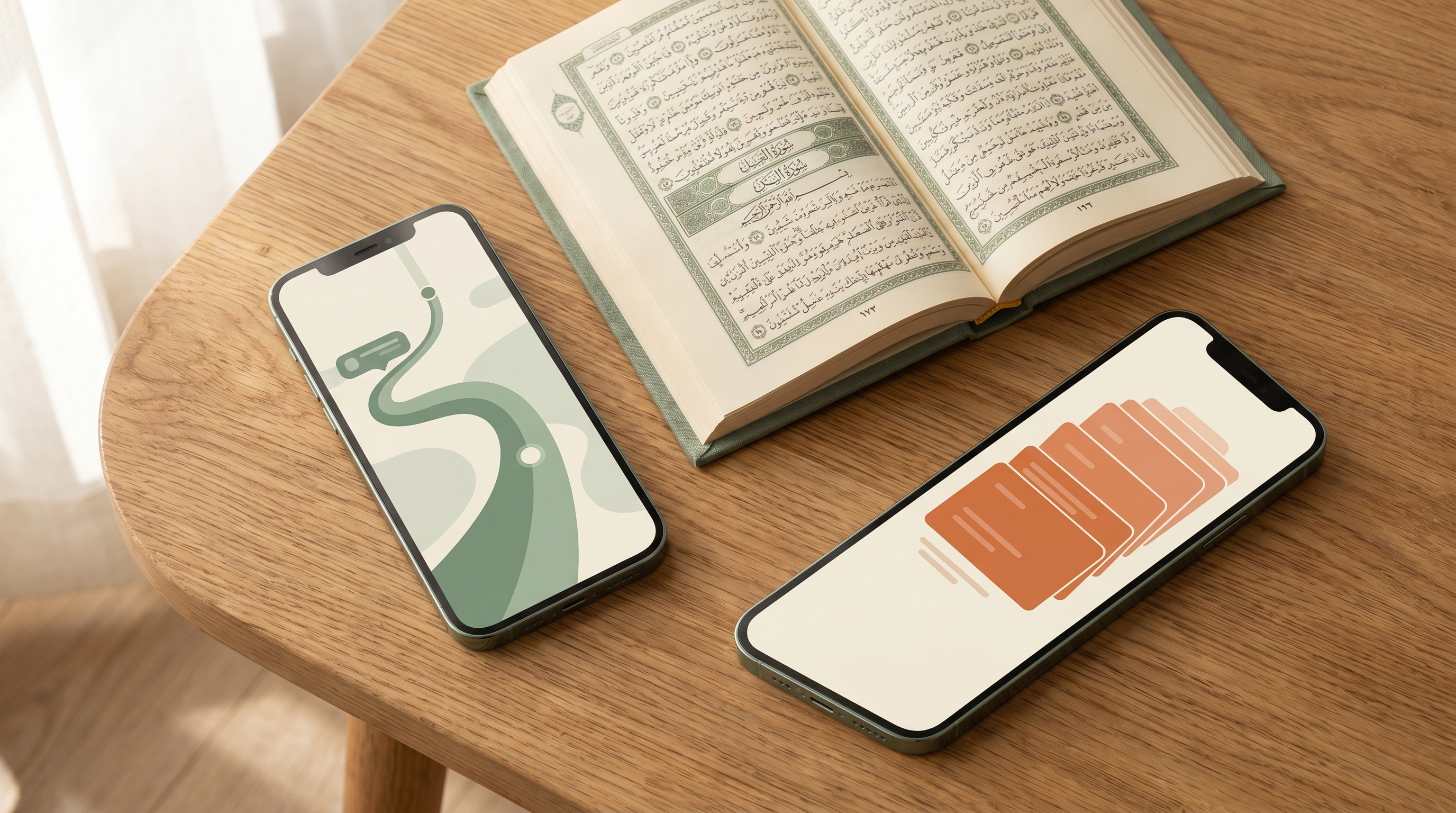 Two smartphones on a wooden table next to an open Mushaf, illustrating a comparison between two Qur'an memorization apps.