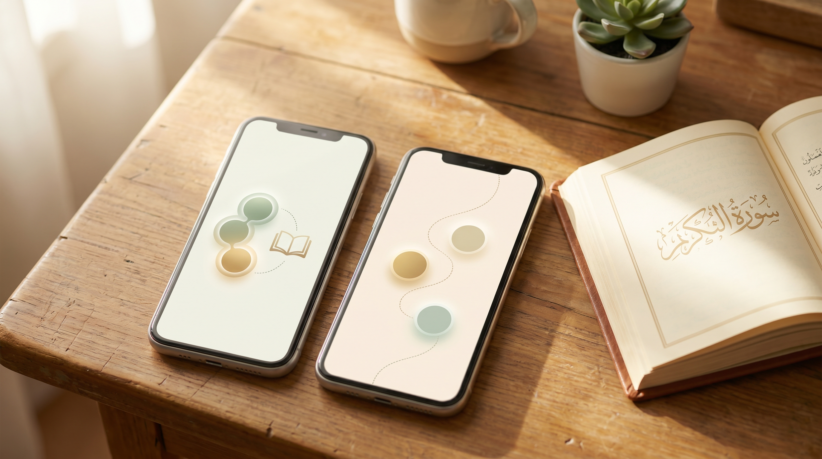Two smartphones beside an open Mushaf on a wooden desk, illustrating a comparison of Hifz memorization apps.