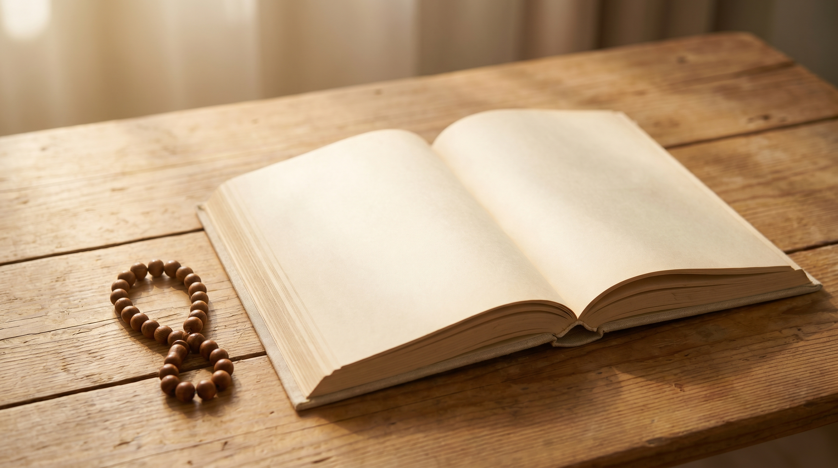 Open Qur'an on a wooden table in soft morning light next to a wooden tasbih, suggesting a calm daily memorization routine.