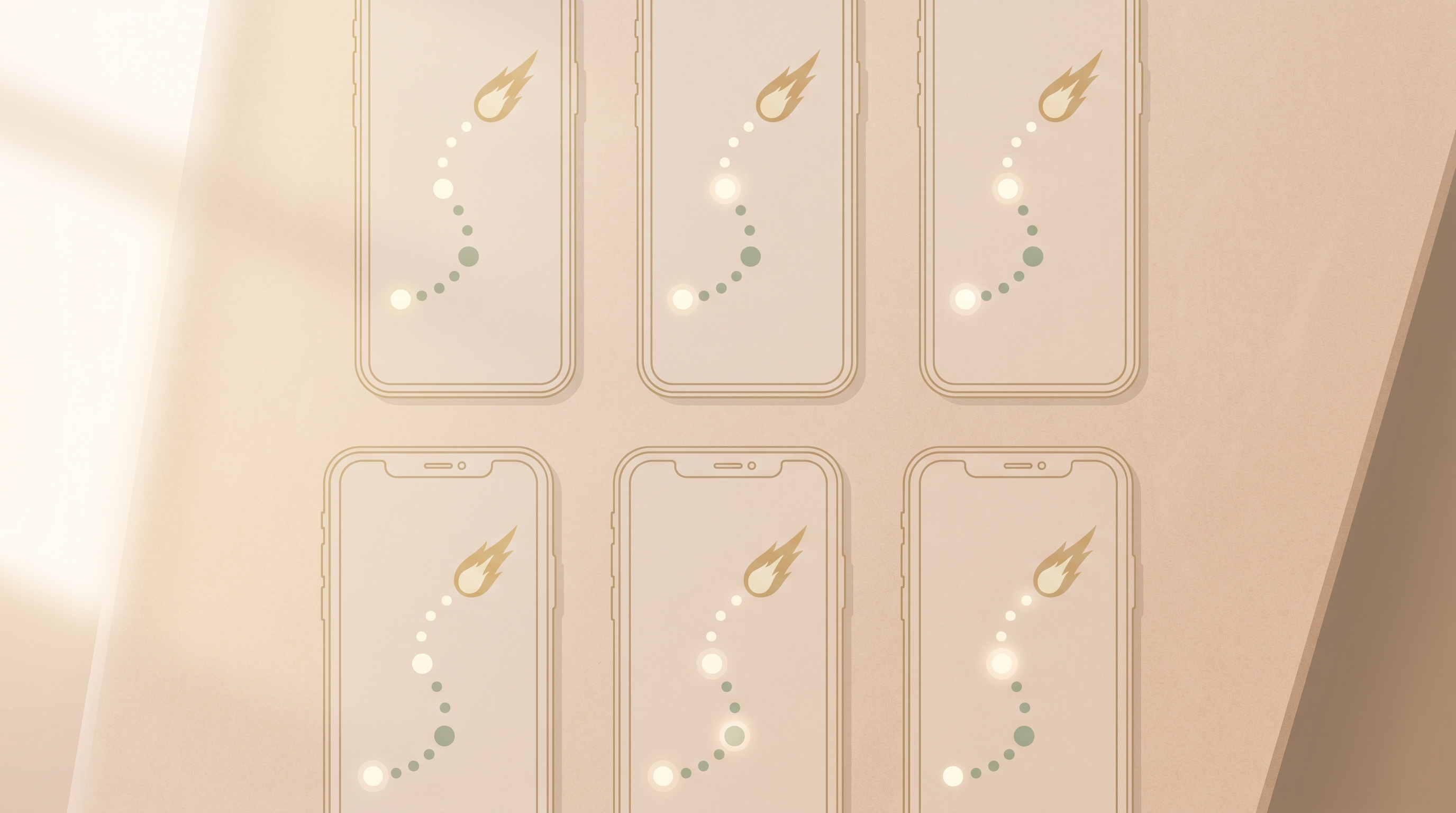 Flat illustration of six smartphones on a beige desk, each showing an abstract Hifz progress path, representing alternative Quran memorization apps.