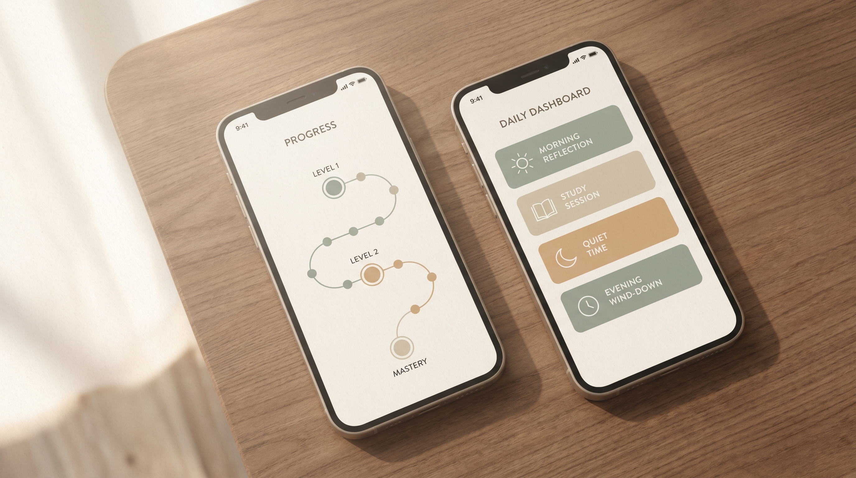 Two smartphones on a wooden desk, one showing a Qur'an memorization progress path and the other showing a general Muslim utility dashboard, lit by soft morning light.