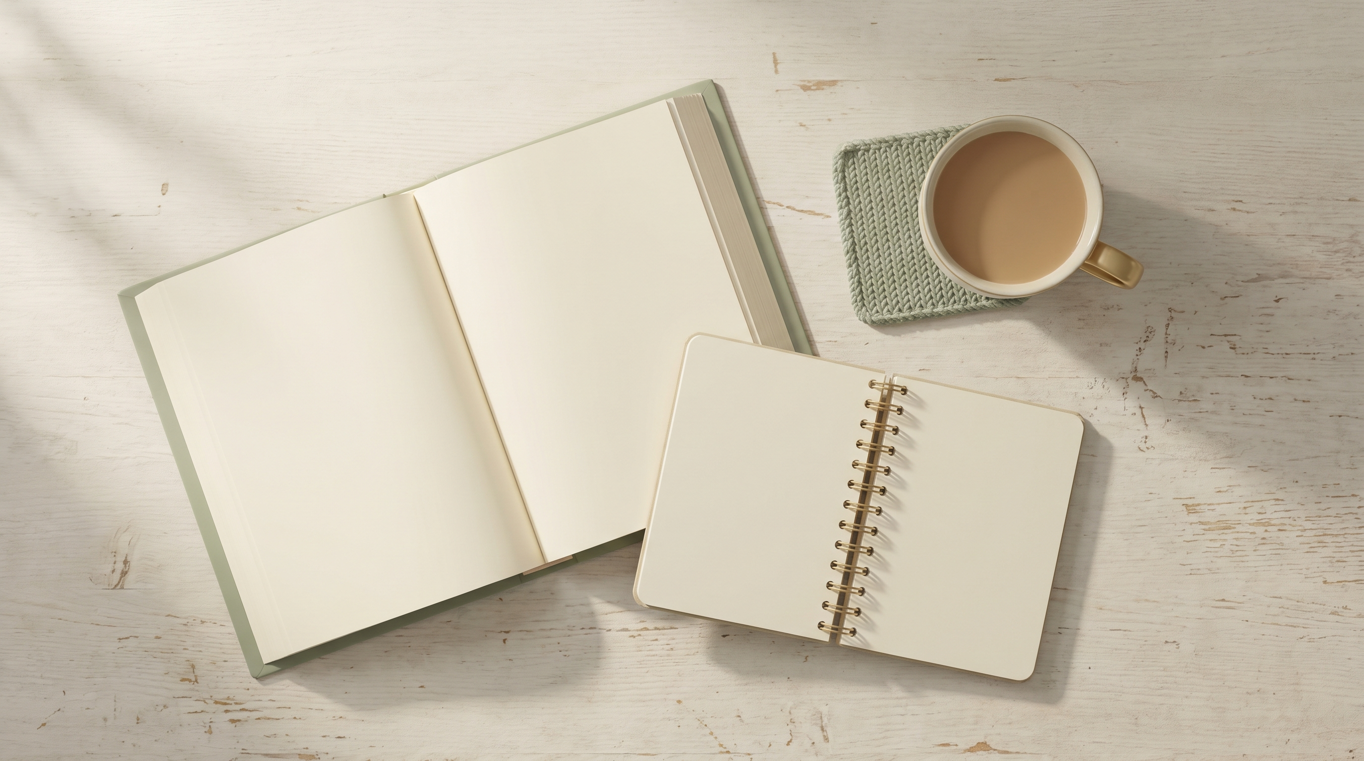 An open Quran on a wooden table beside a small notebook and a cup of tea, lit by soft morning light.