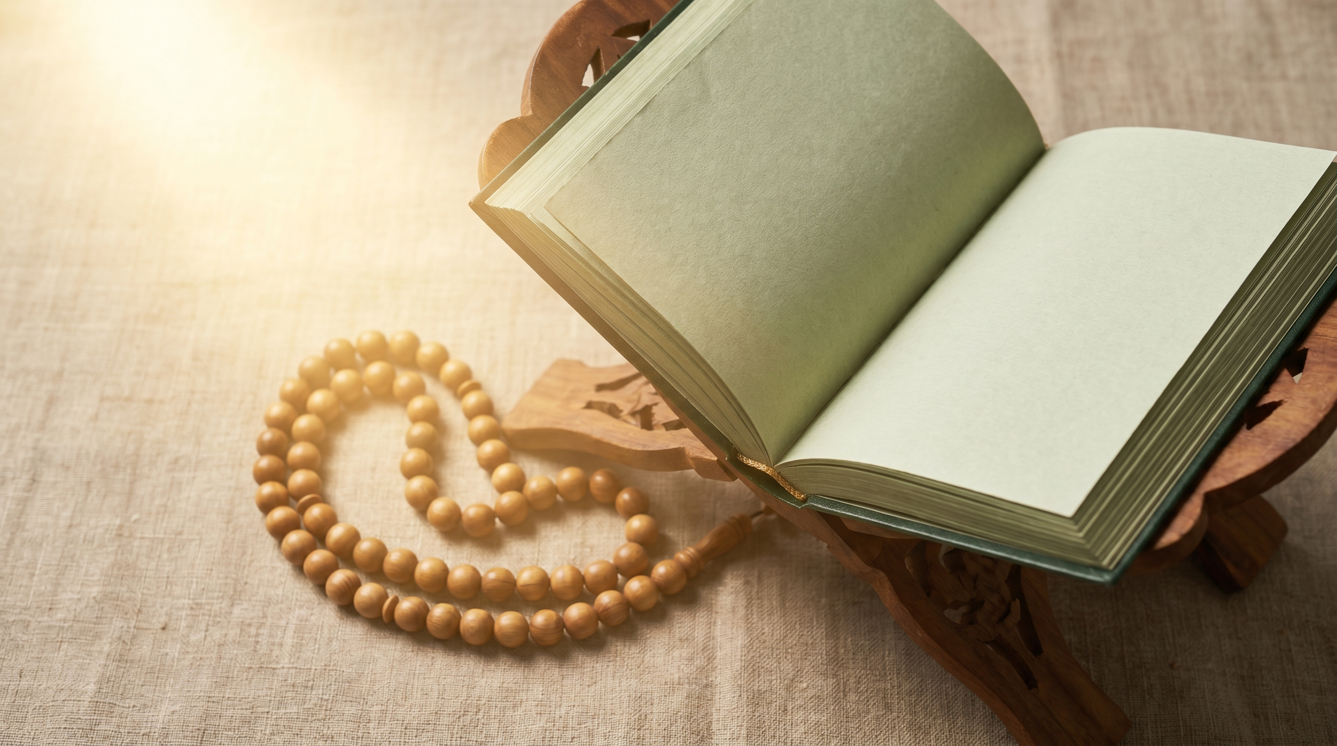 Open Qur'an Mushaf on a wooden lectern in soft morning light, with prayer beads beside it.