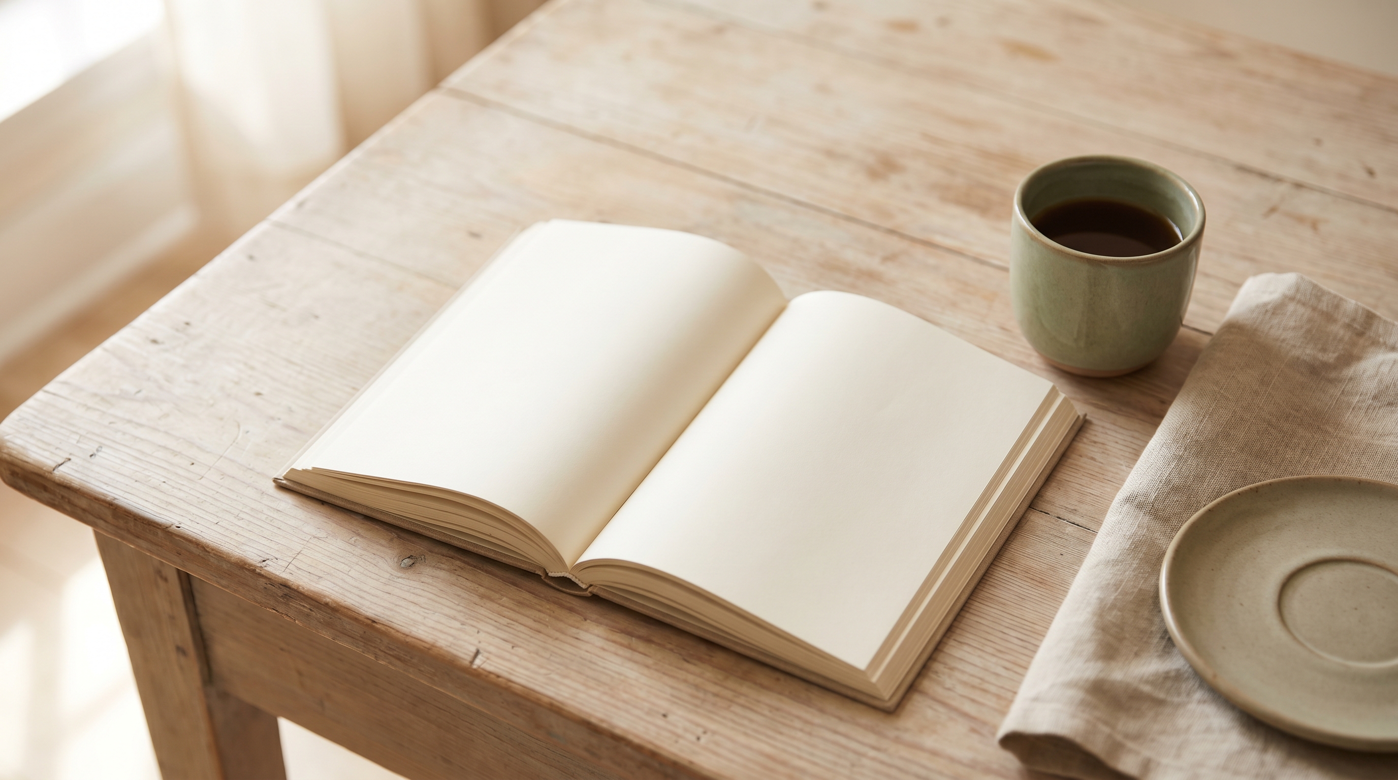 Overhead view of an open Mushaf on a wooden desk in soft morning light, suggesting a calm daily memorization routine.