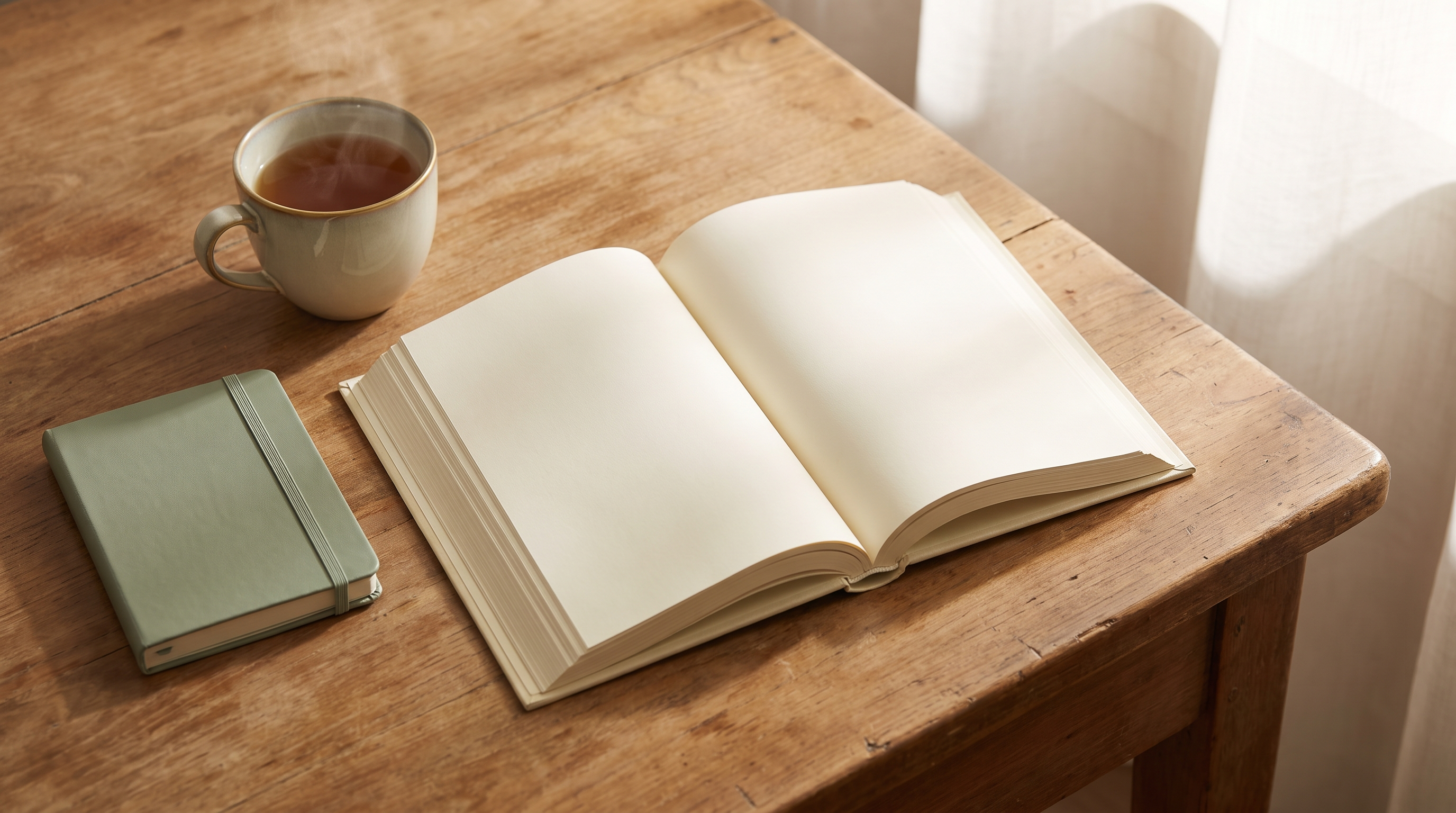 Open Mushaf on a wooden desk in soft morning light, with a notebook beside it, suggesting a calm memorization routine.